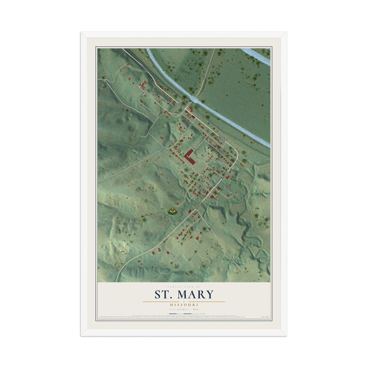 Map of St. Mary, Missouri, 12 x 18 inch print in a white wood frame