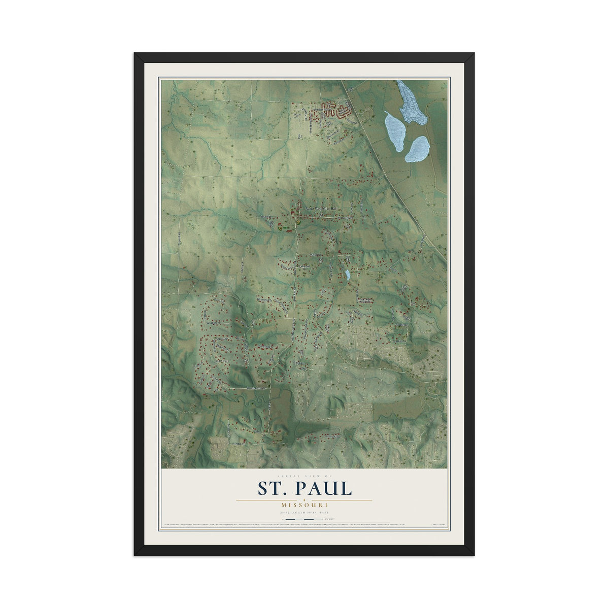 Map of St. Paul, Missouri, 12 x 18 inch print in a black wood frame
