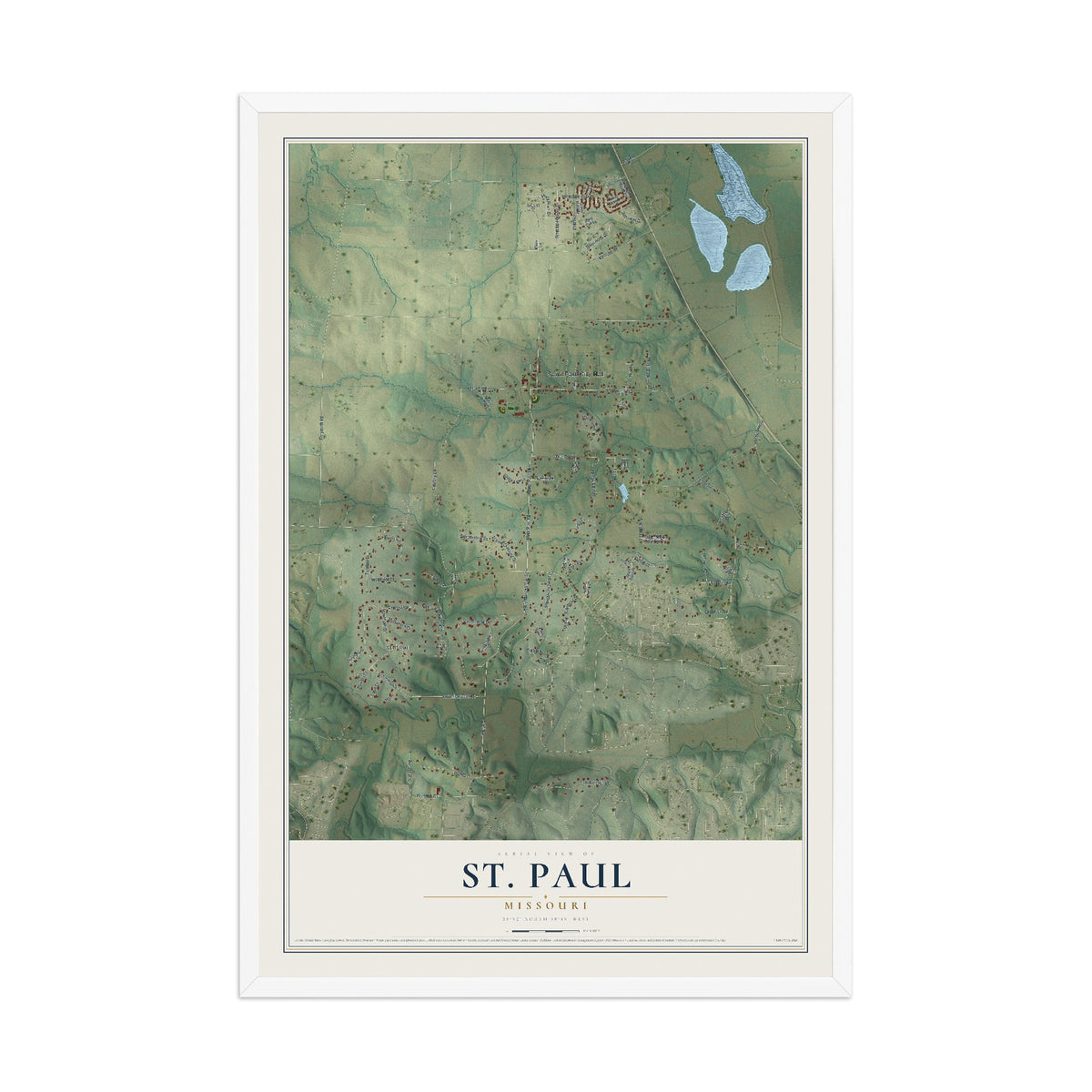 Map of St. Paul, Missouri, 12 x 18 inch print in a white wood frame