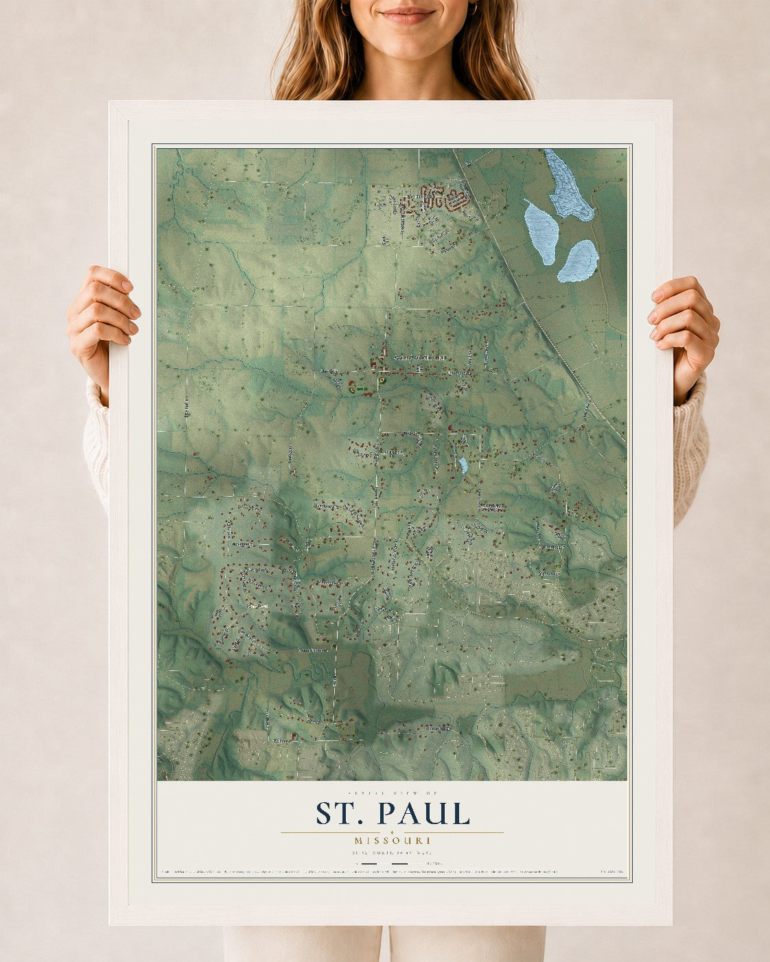 Map of St. Paul, Missouri, 24 x 36 inch print in a white wood frame