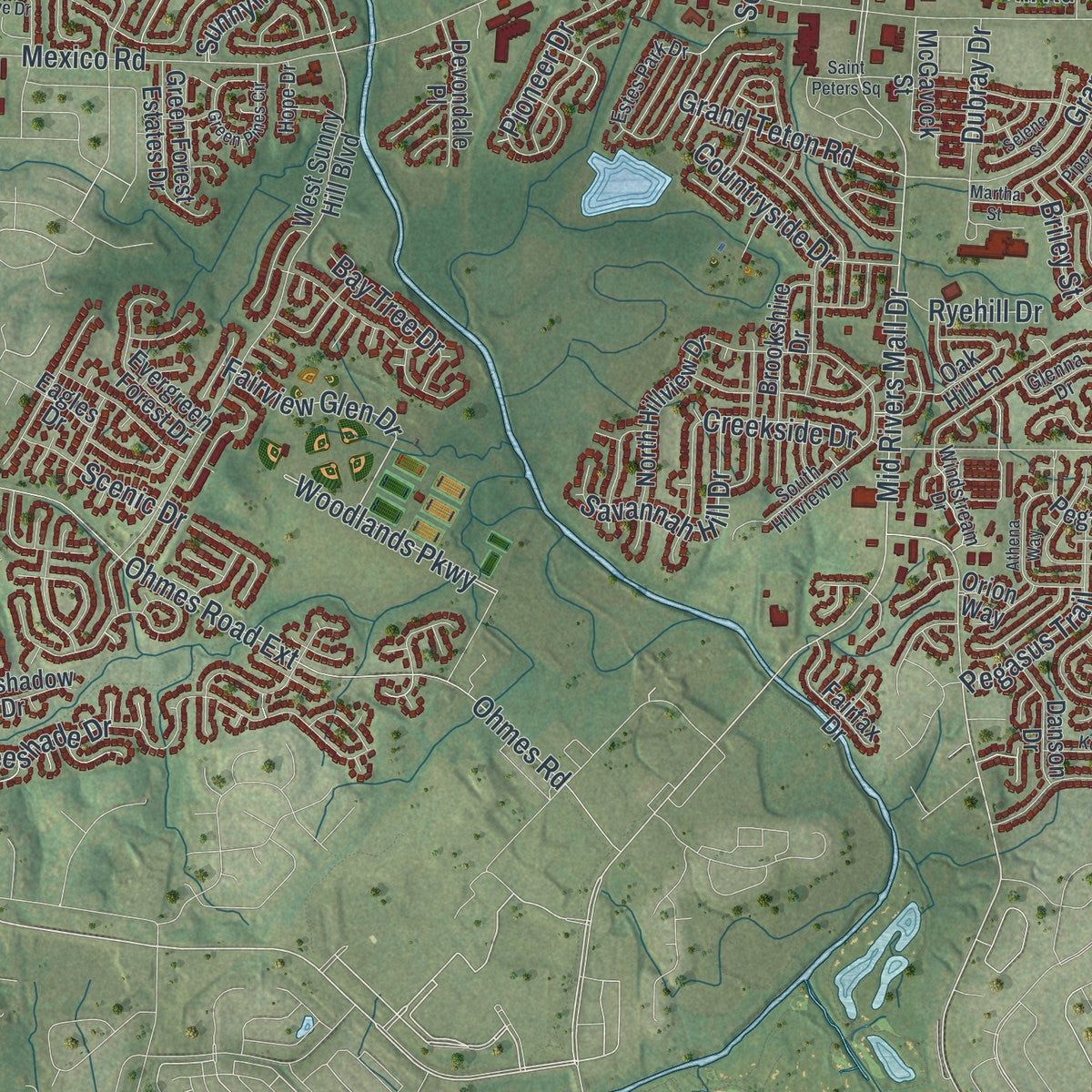 Second close-up of the map of St. Peters, Missouri print showing more streets and buildings