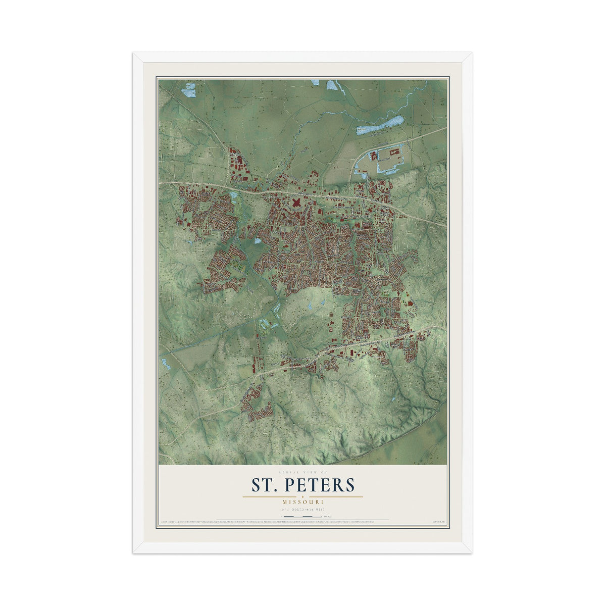 Map of St. Peters, Missouri, 12 x 18 inch print in a white wood frame