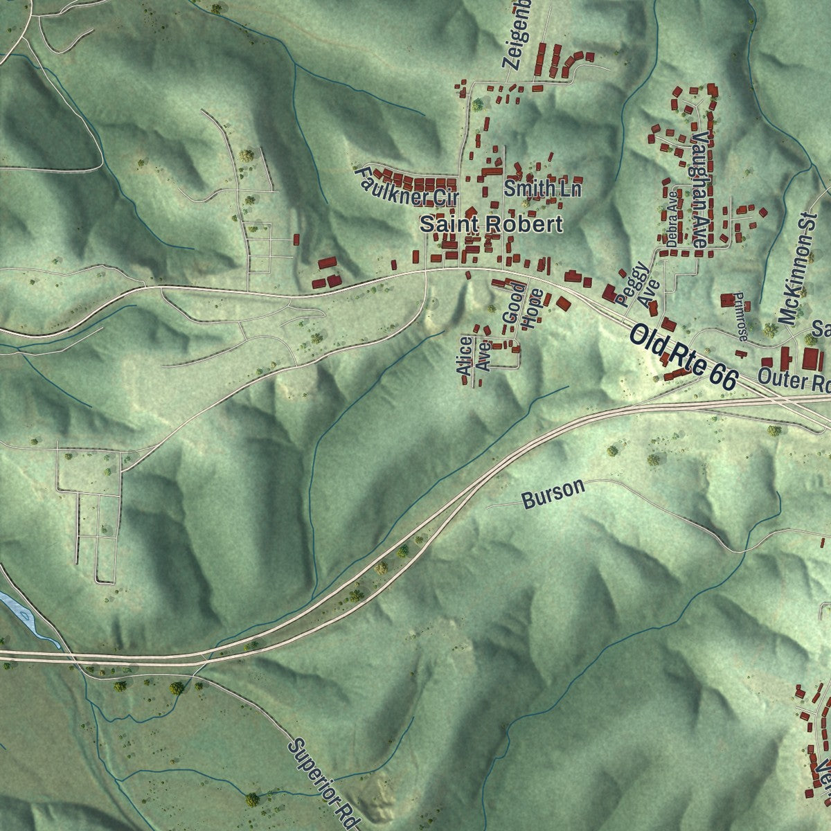 Second close-up of the map of St. Robert, Missouri print showing more streets and buildings