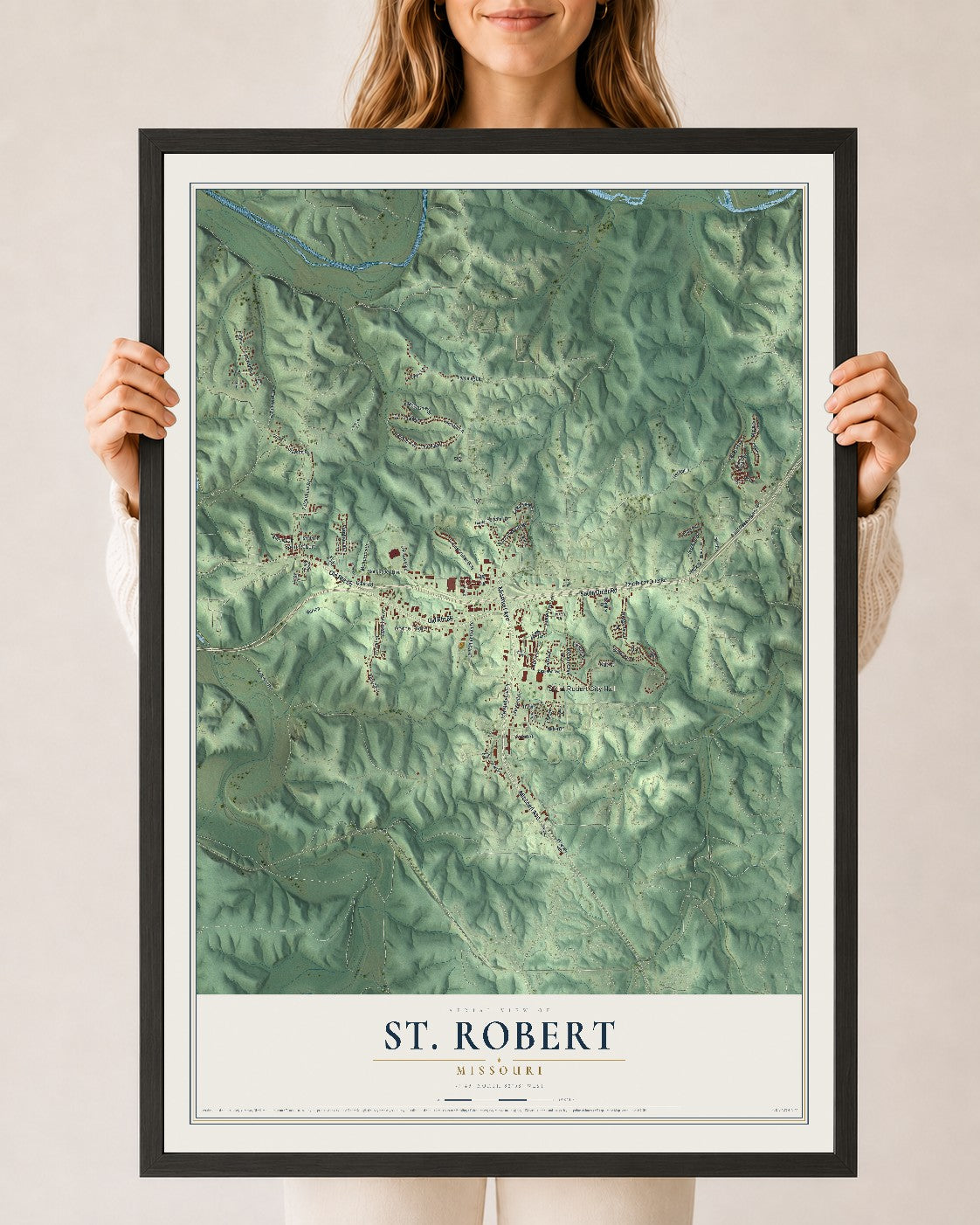 Map of St. Robert, Missouri, 24 x 36 inch print in a black wood frame