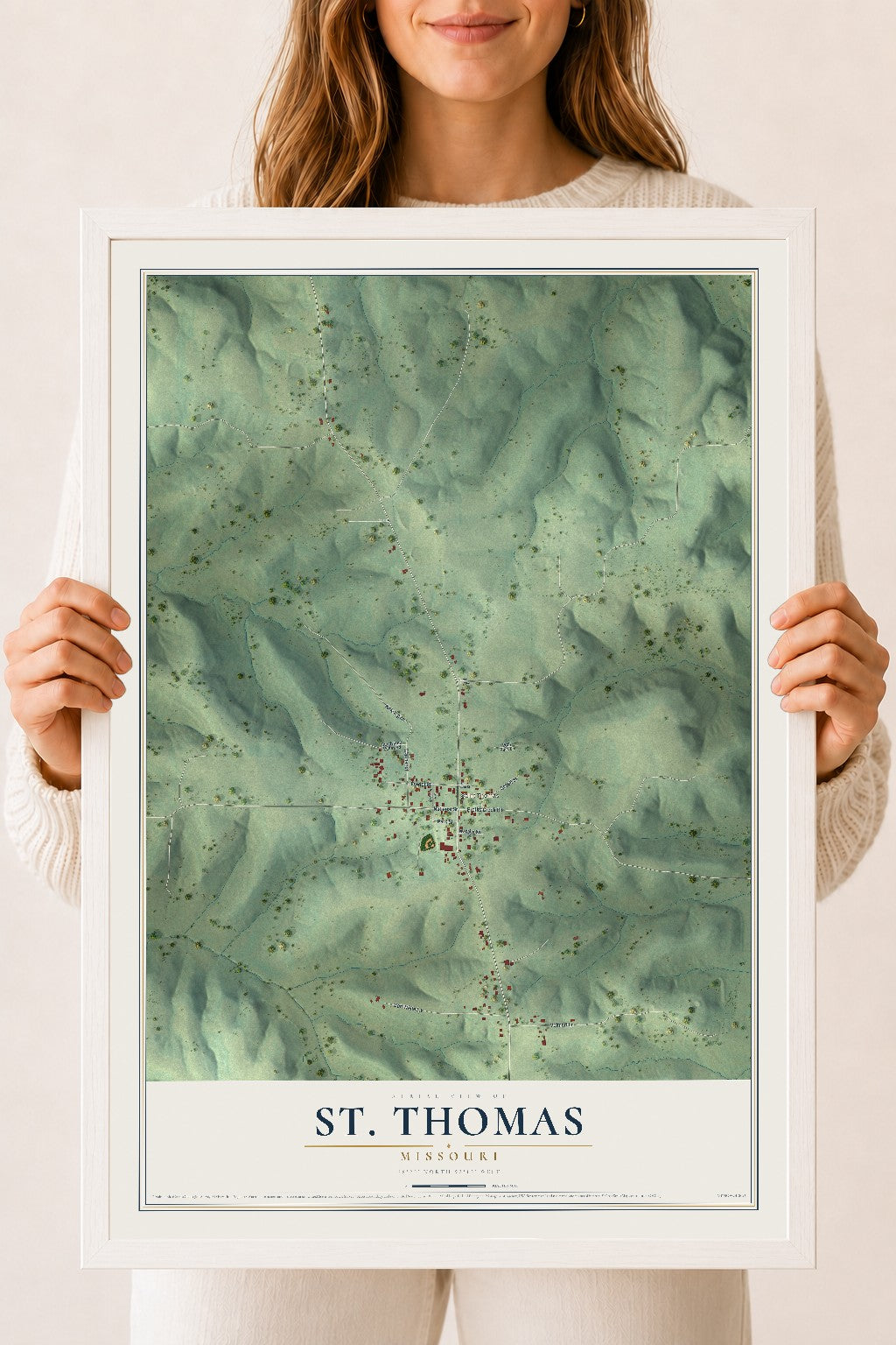 Map of St. Thomas, Missouri, 18 x 24 inch print in a white wood frame