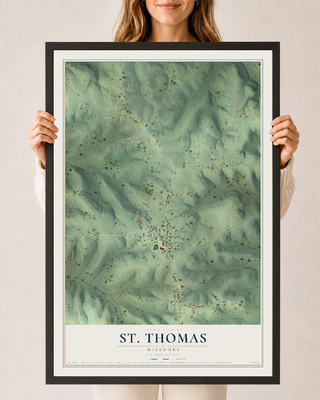 Map of St. Thomas, Missouri, 24 x 36 inch print in a black wood frame