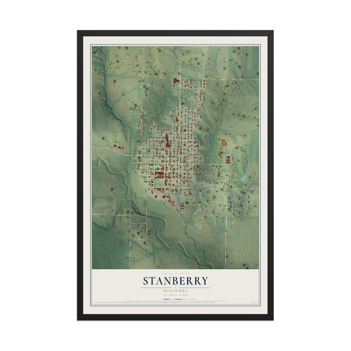 Map of Stanberry, Missouri, 12 x 18 inch print in a black wood frame