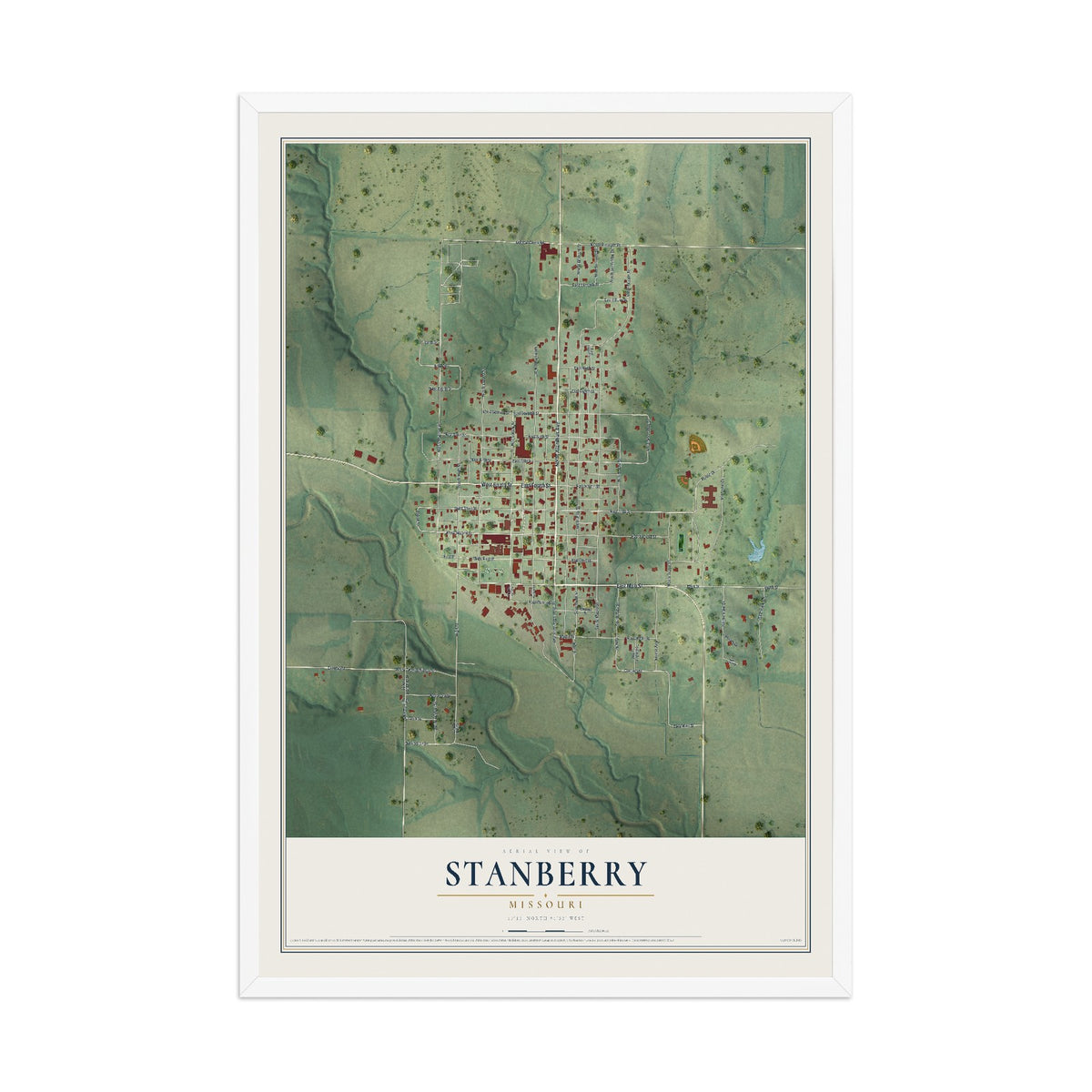 Map of Stanberry, Missouri, 12 x 18 inch print in a white wood frame