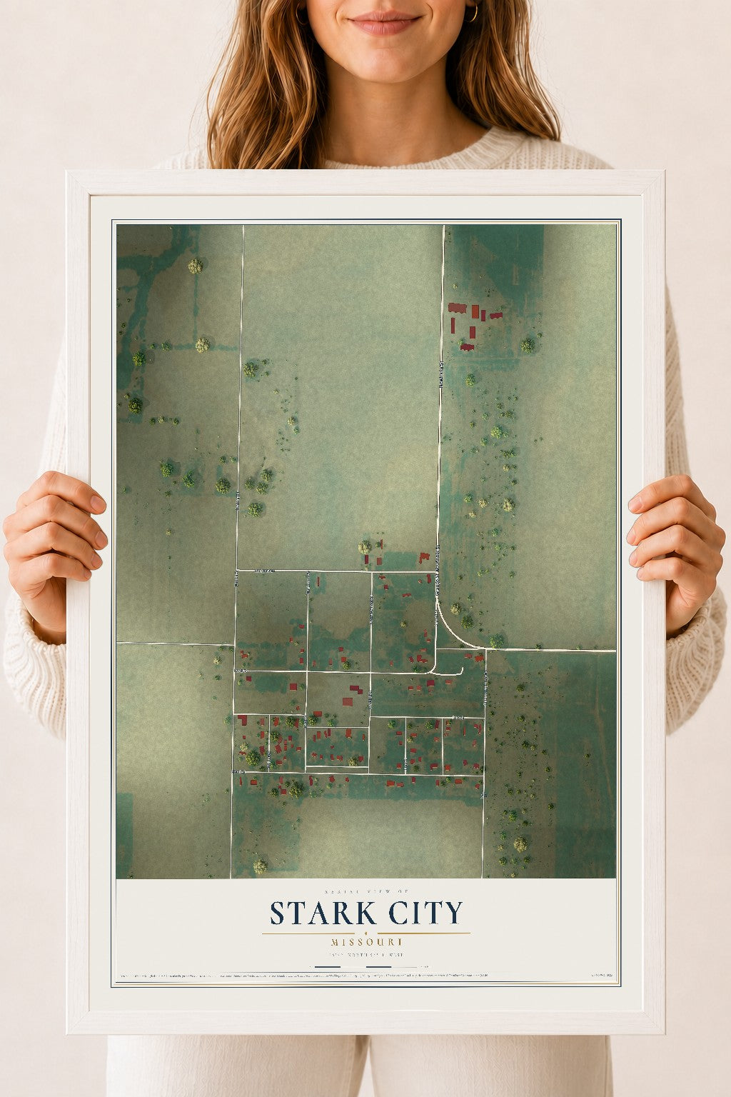Map of Stark City, Missouri, 18 x 24 inch print in a white wood frame