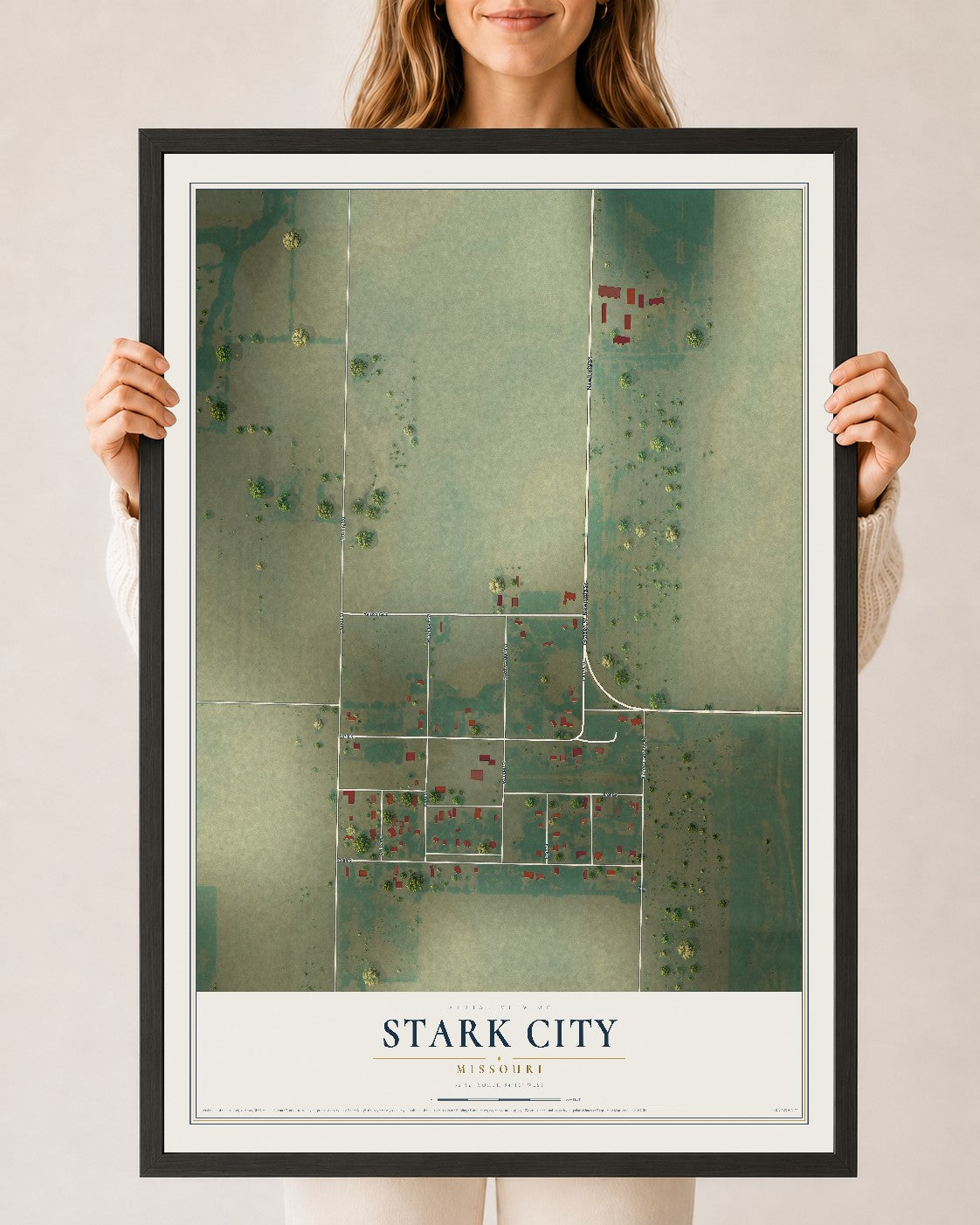 Map of Stark City, Missouri, 24 x 36 inch print in a black wood frame
