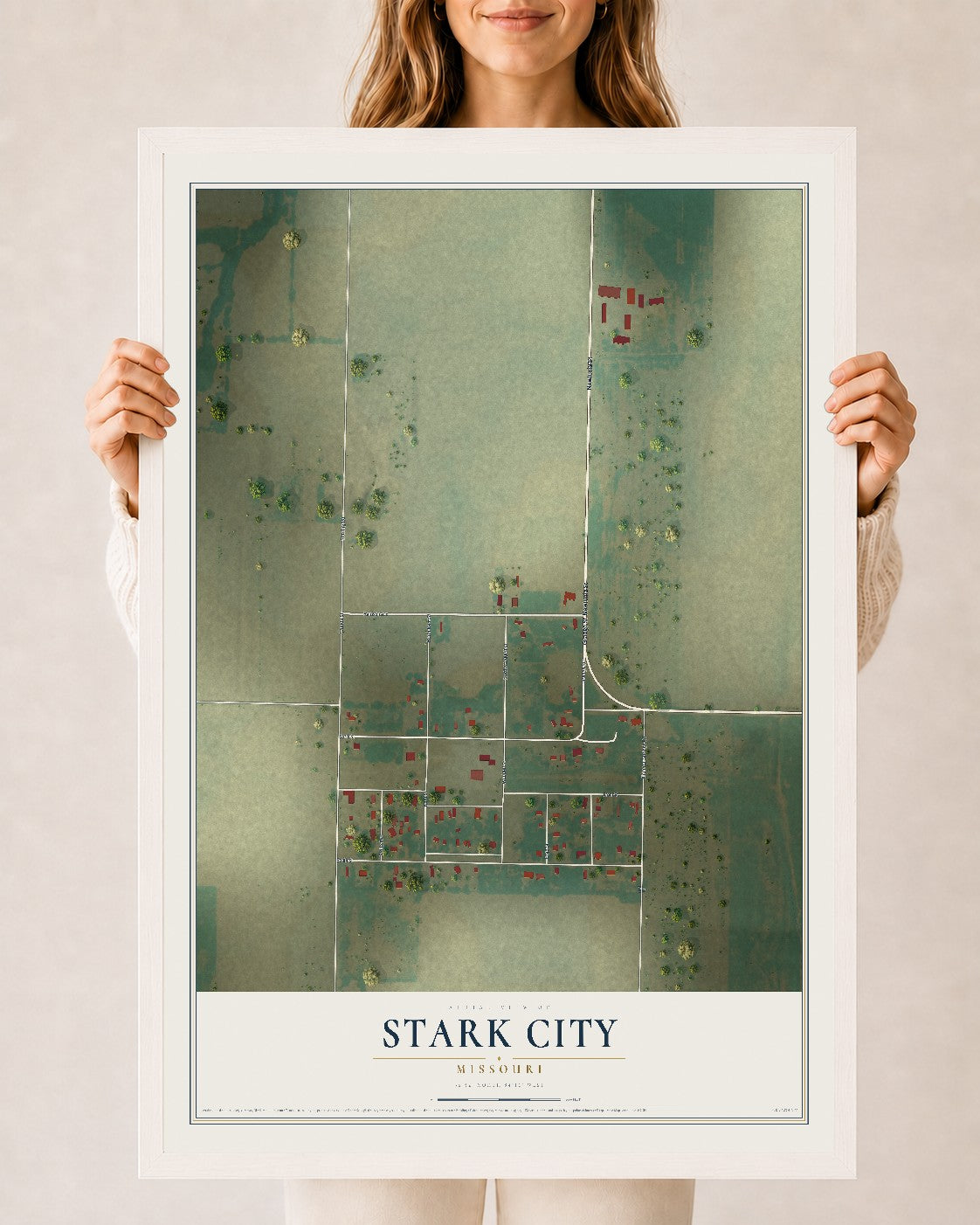 Map of Stark City, Missouri, 24 x 36 inch print in a white wood frame