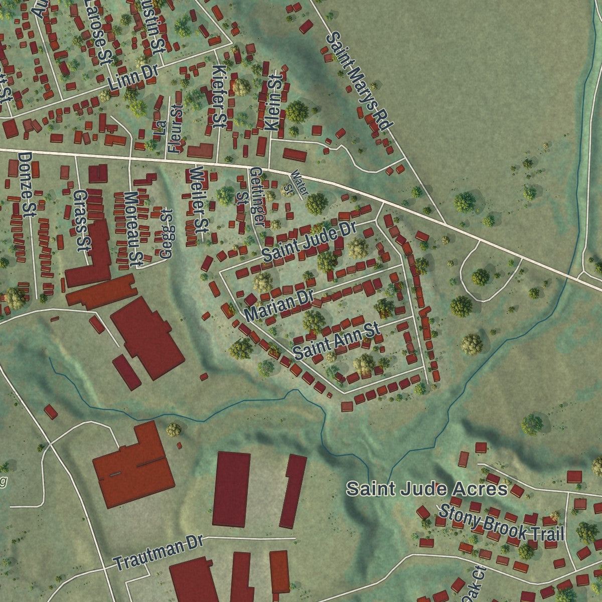 Second close-up of the map of Ste. Genevieve, Missouri print showing more streets and buildings