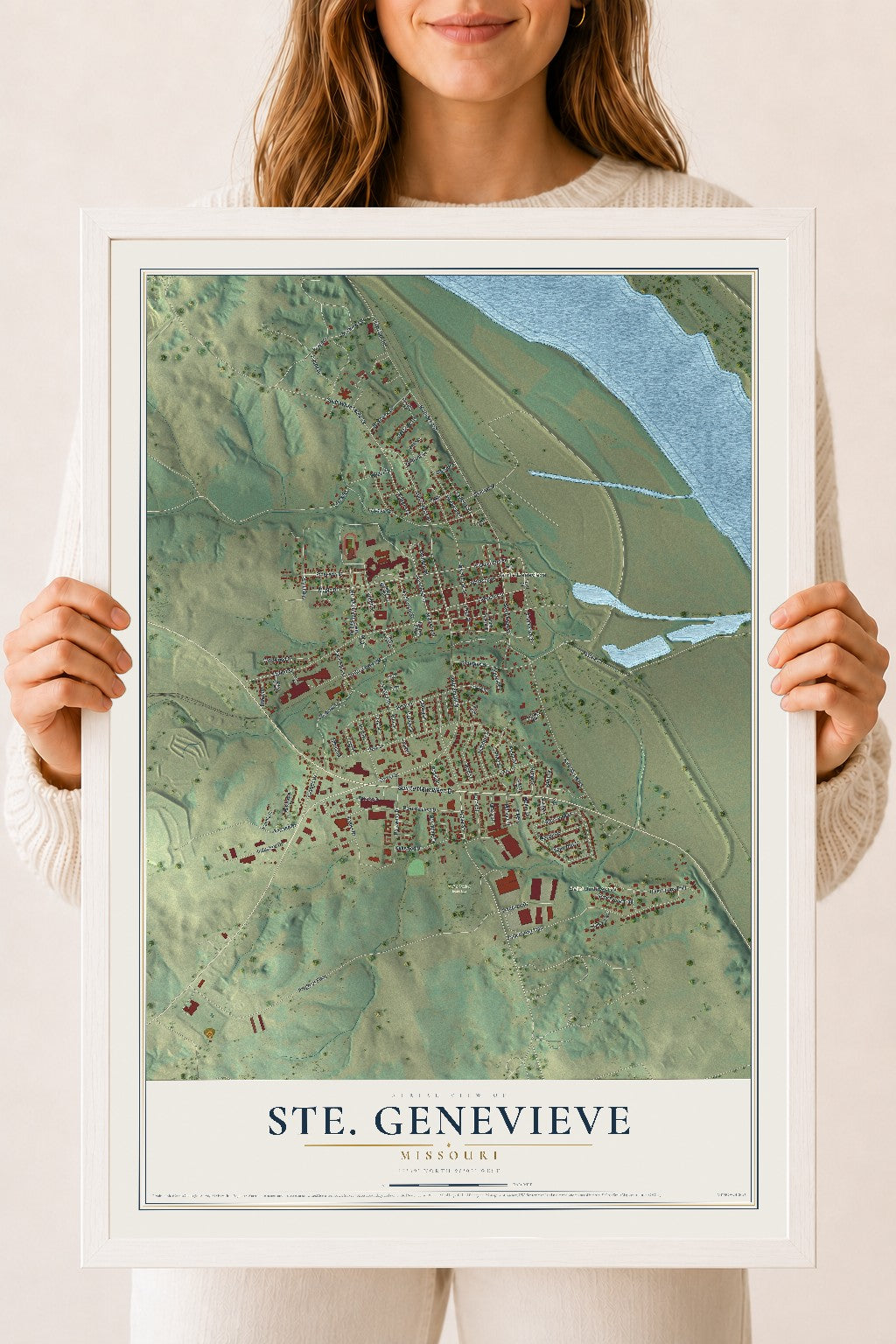 Map of Ste. Genevieve, Missouri, 18 x 24 inch print in a white wood frame