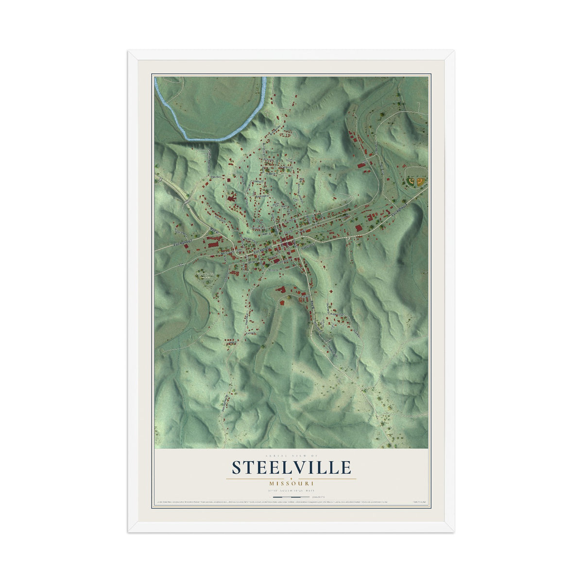 Map of Steelville, Missouri, 12 x 18 inch print in a white wood frame