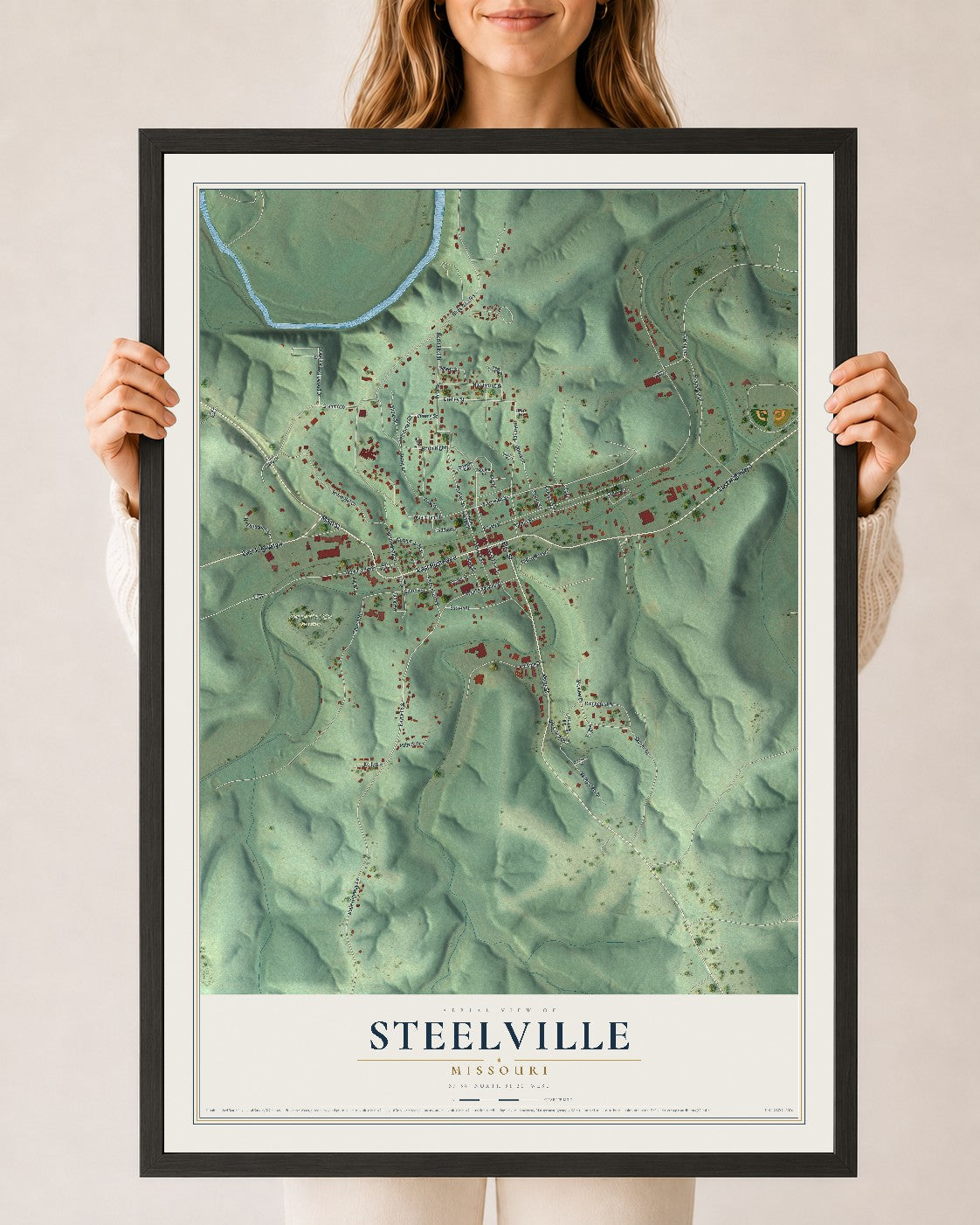 Map of Steelville, Missouri, 24 x 36 inch print in a black wood frame