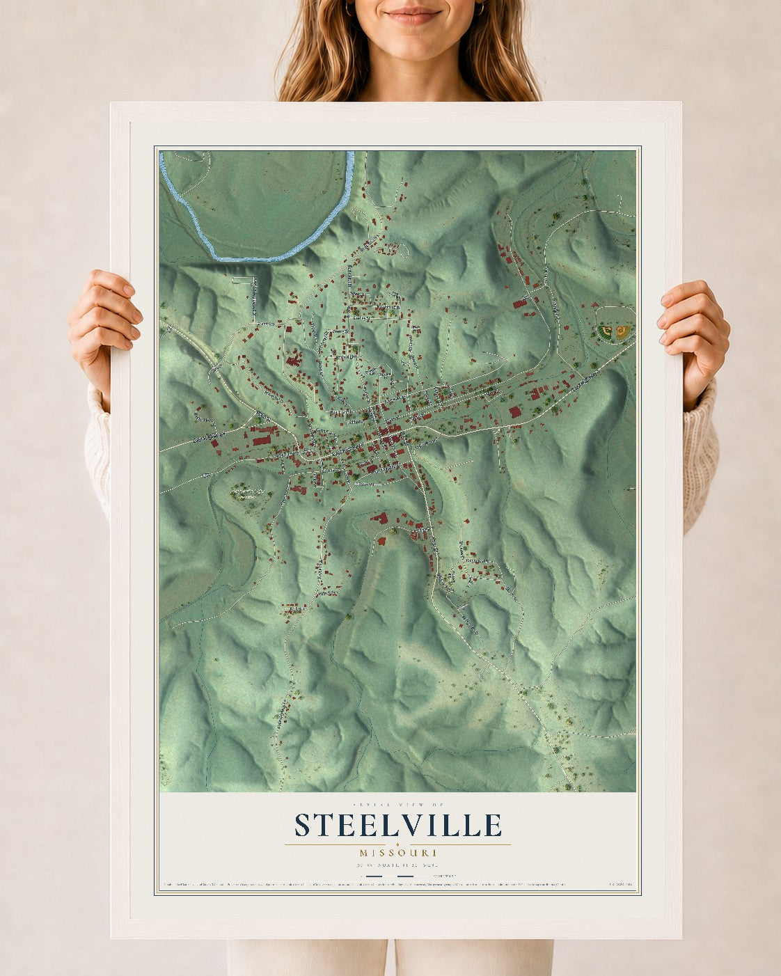 Map of Steelville, Missouri, 24 x 36 inch print in a white wood frame