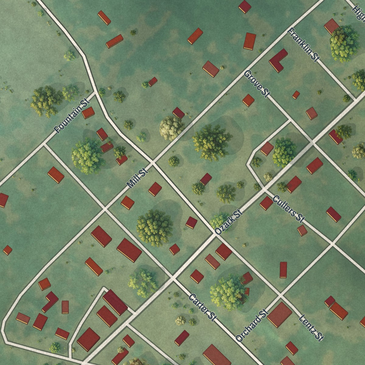 Close-up of the map of Stella, Missouri print showing street and building detail