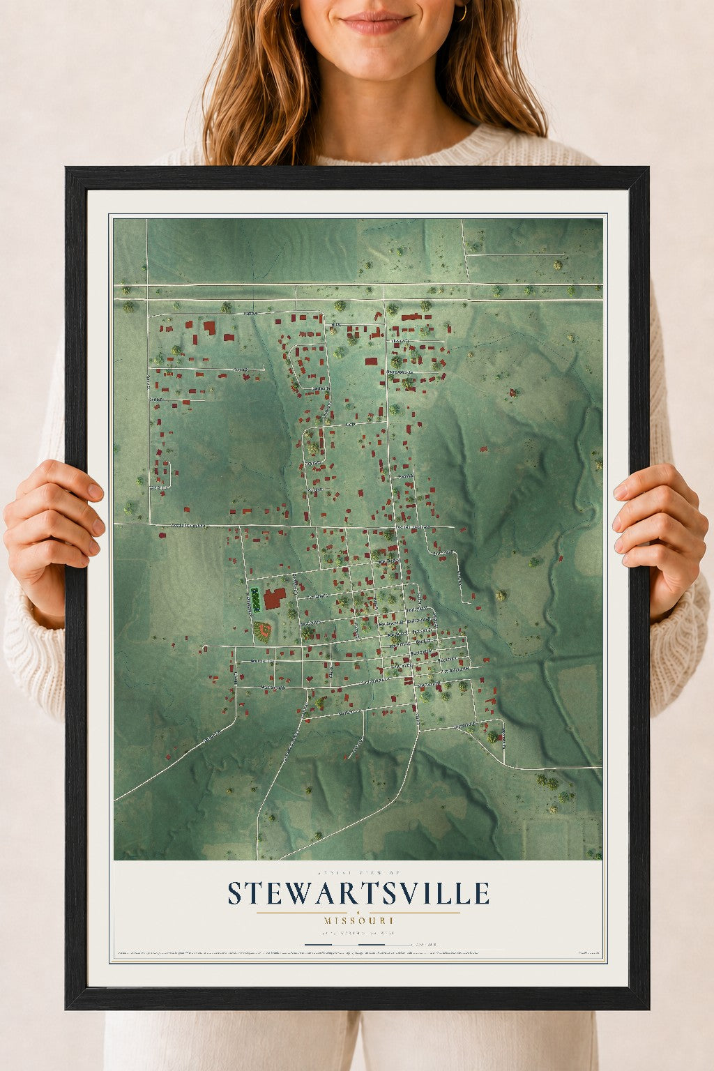 Map of Stewartsville, Missouri, 18 x 24 inch print in a black wood frame