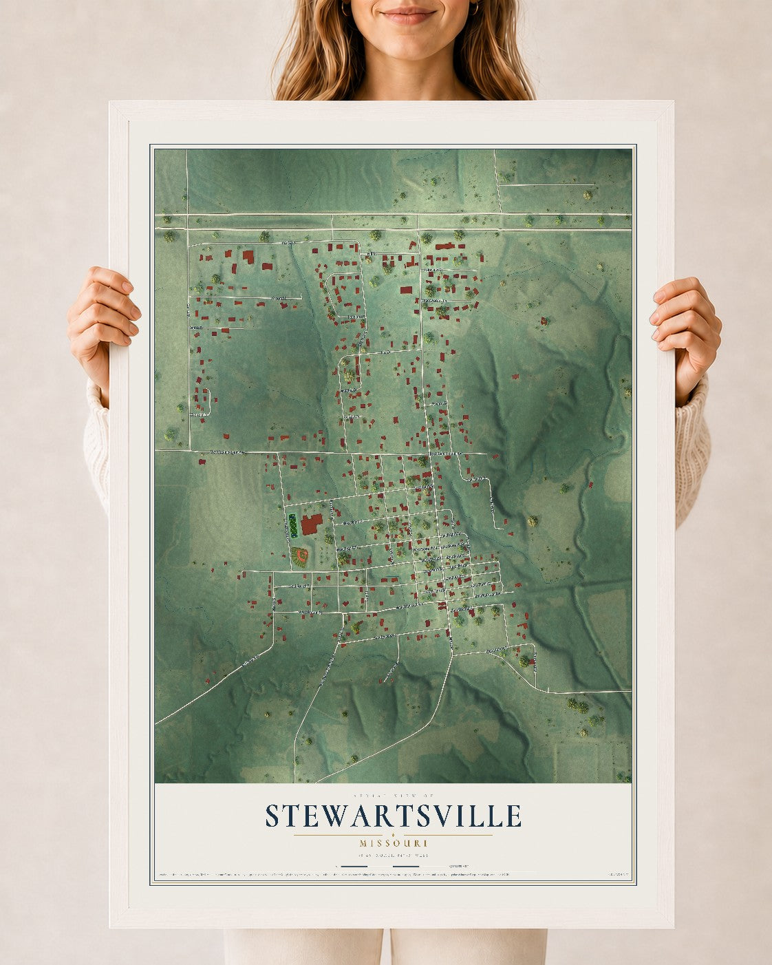 Map of Stewartsville, Missouri, 24 x 36 inch print in a white wood frame