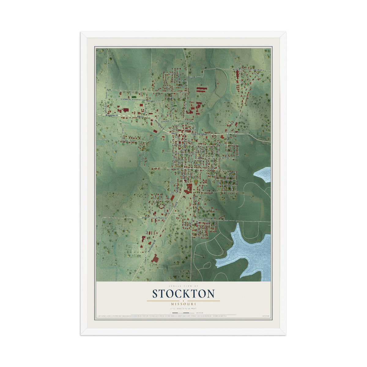 Map of Stockton, Missouri, 12 x 18 inch print in a white wood frame