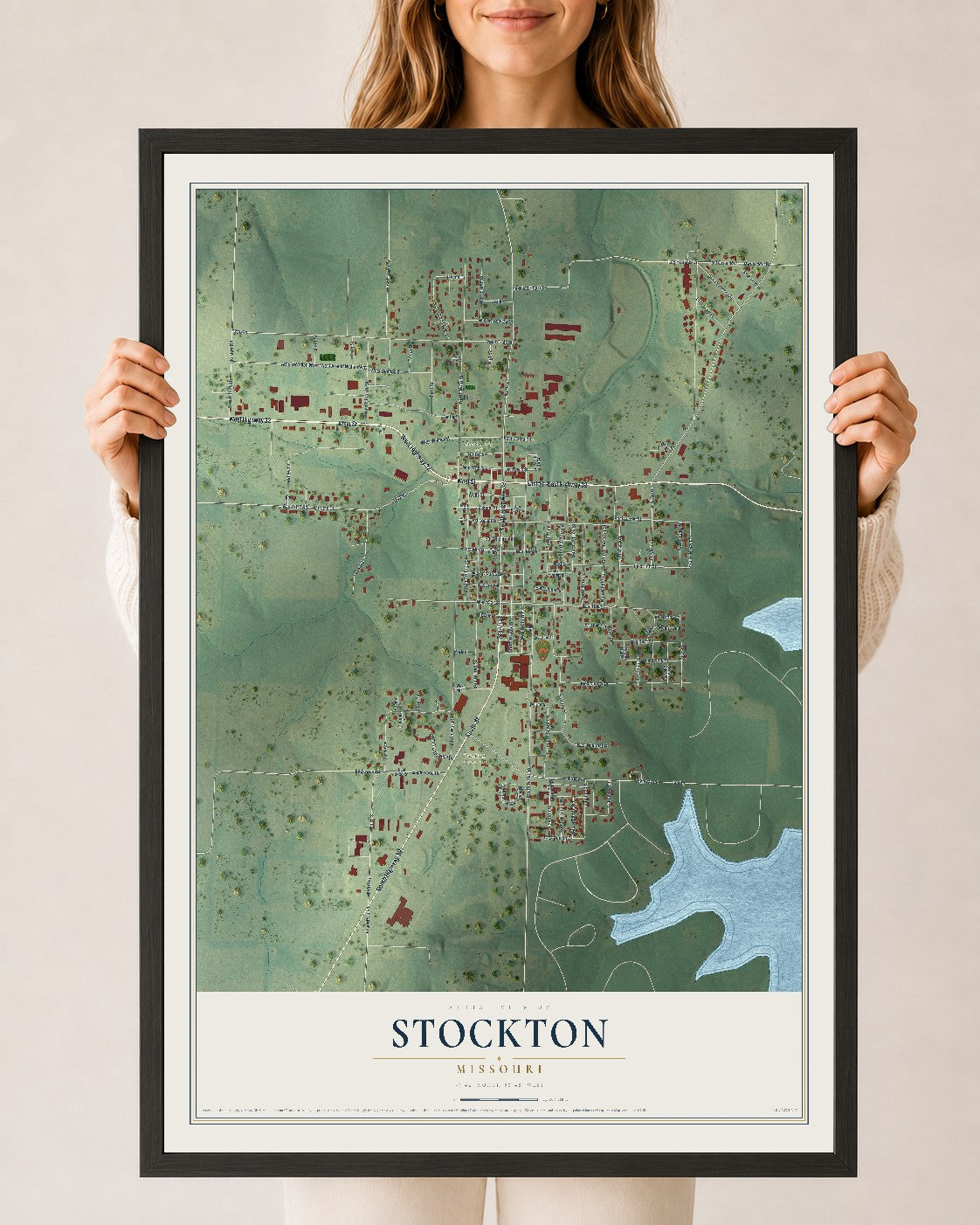 Map of Stockton, Missouri, 24 x 36 inch print in a black wood frame