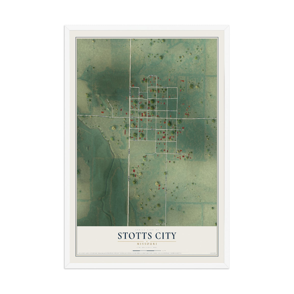 Map of Stotts City, Missouri, 12 x 18 inch print in a white wood frame