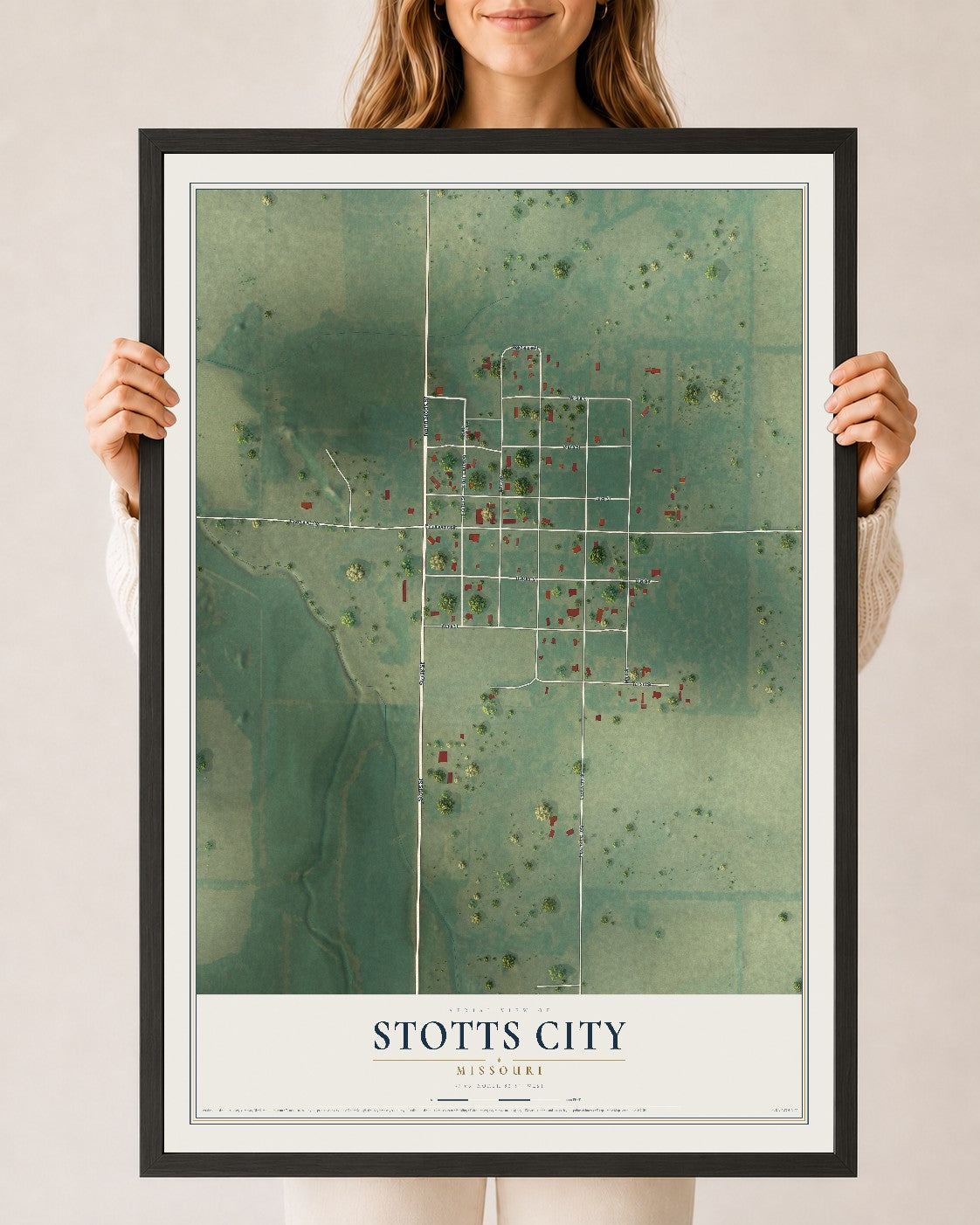 Map of Stotts City, Missouri, 24 x 36 inch print in a black wood frame