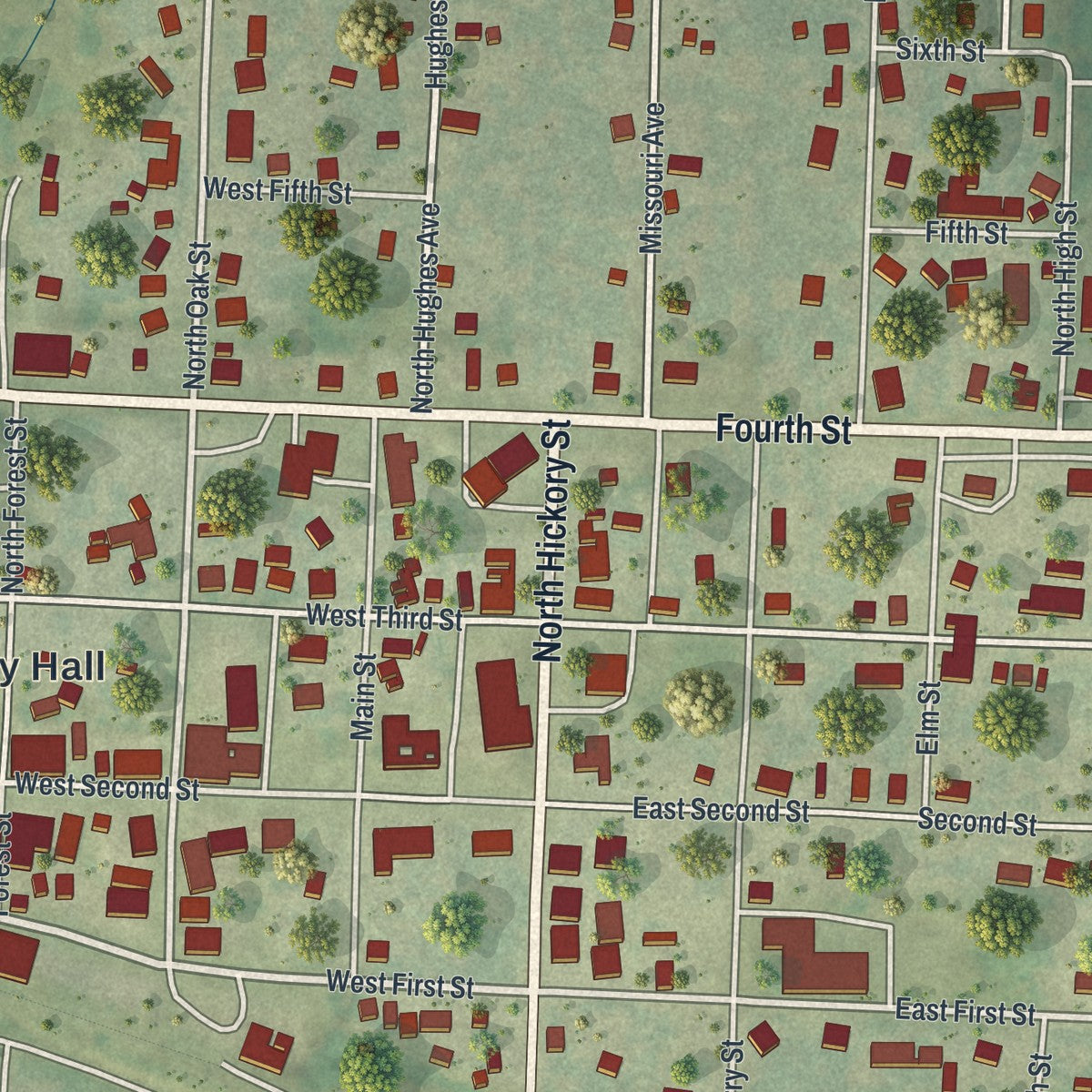 Close-up of the map of Stover, Missouri print showing street and building detail