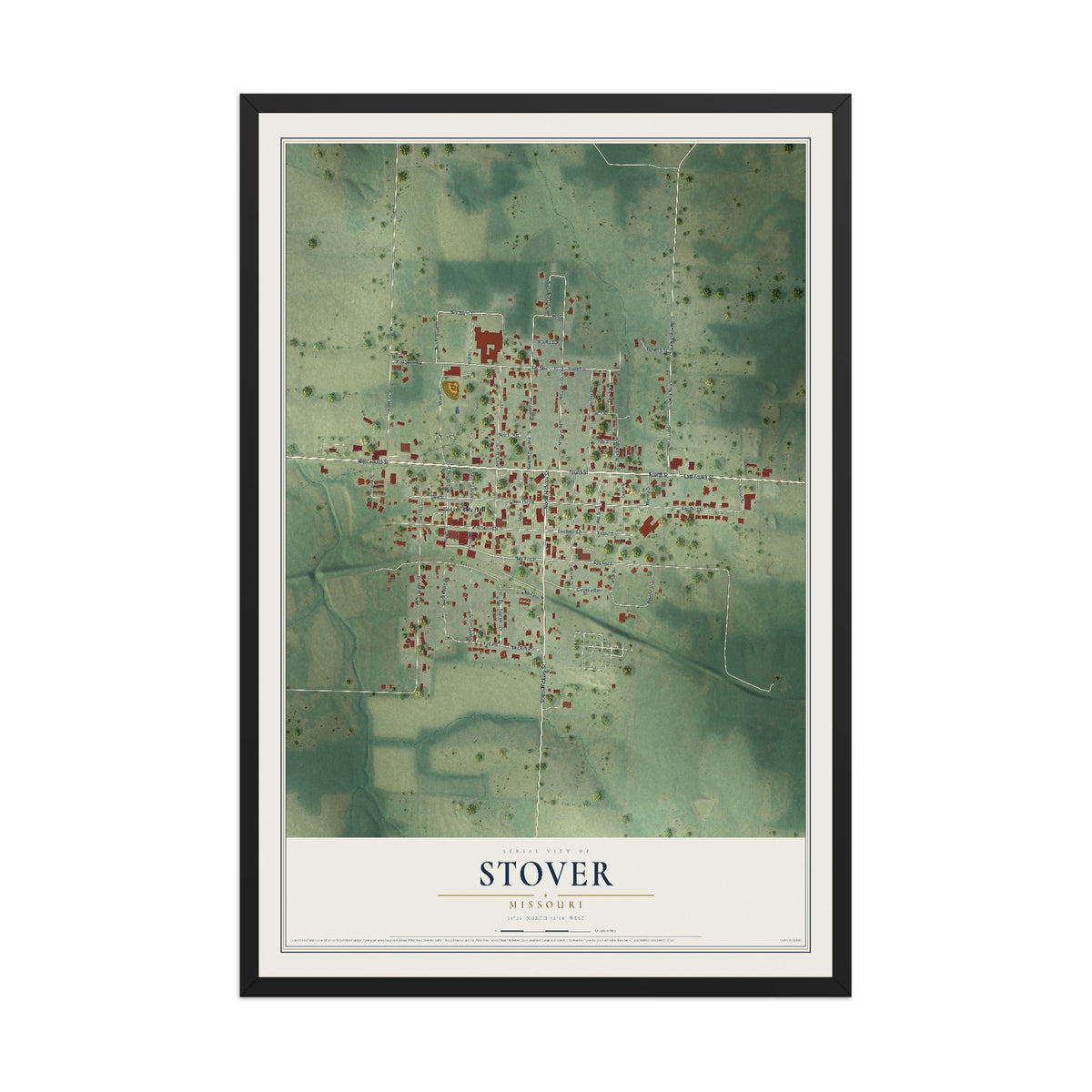 Map of Stover, Missouri, 12 x 18 inch print in a black wood frame