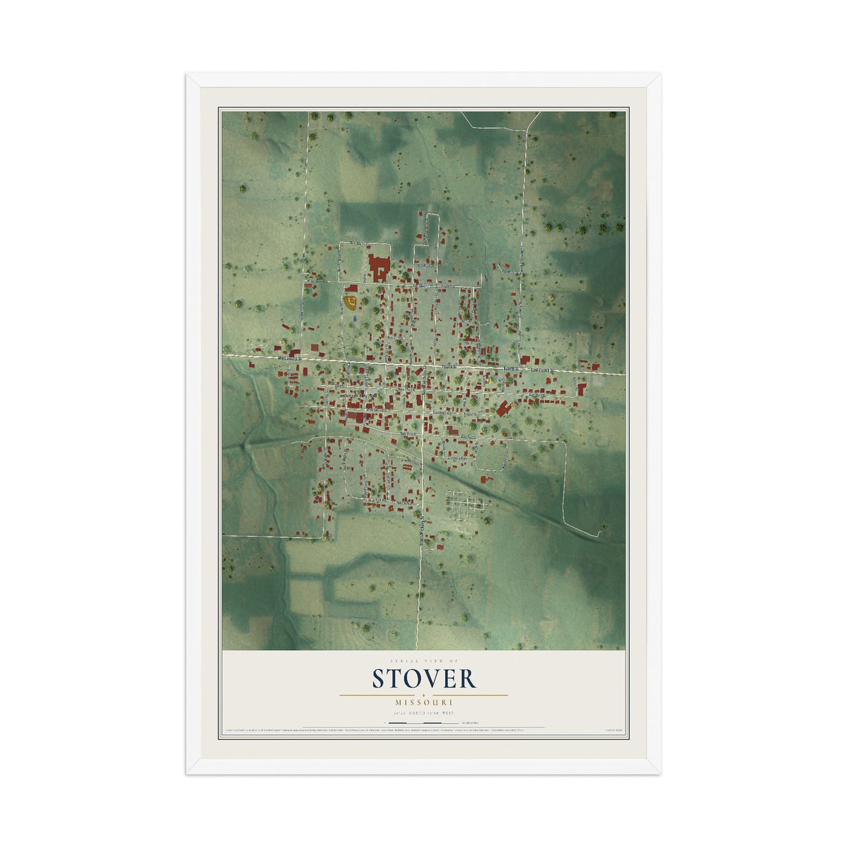 Map of Stover, Missouri, 12 x 18 inch print in a white wood frame