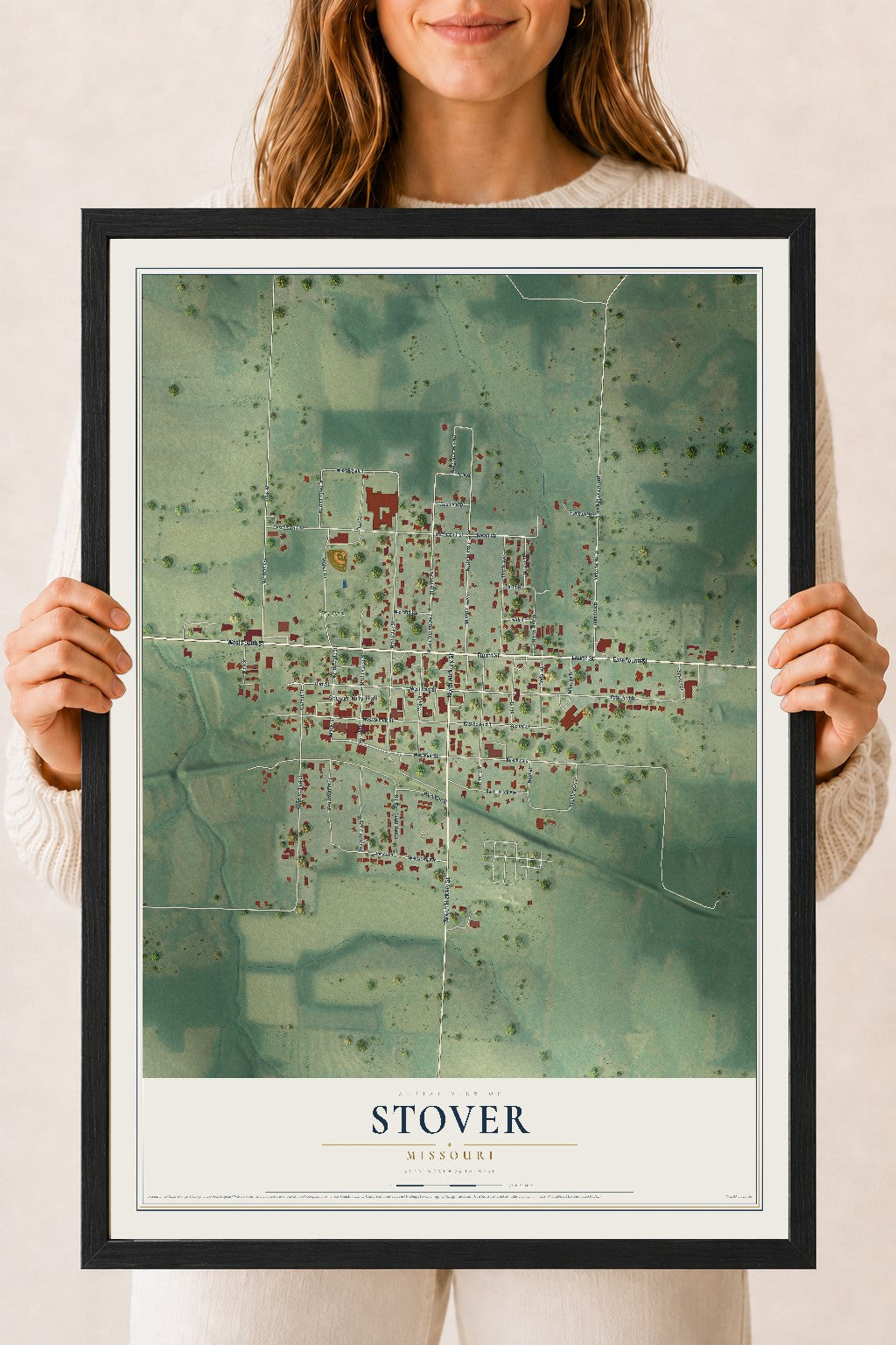 Map of Stover, Missouri, 18 x 24 inch print in a black wood frame