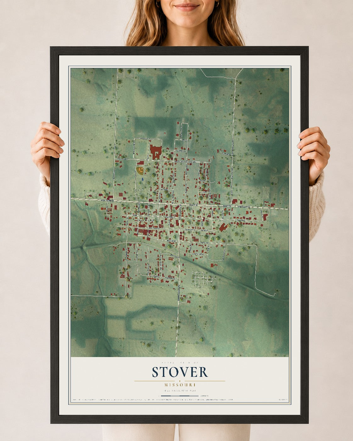 Map of Stover, Missouri, 24 x 36 inch print in a black wood frame