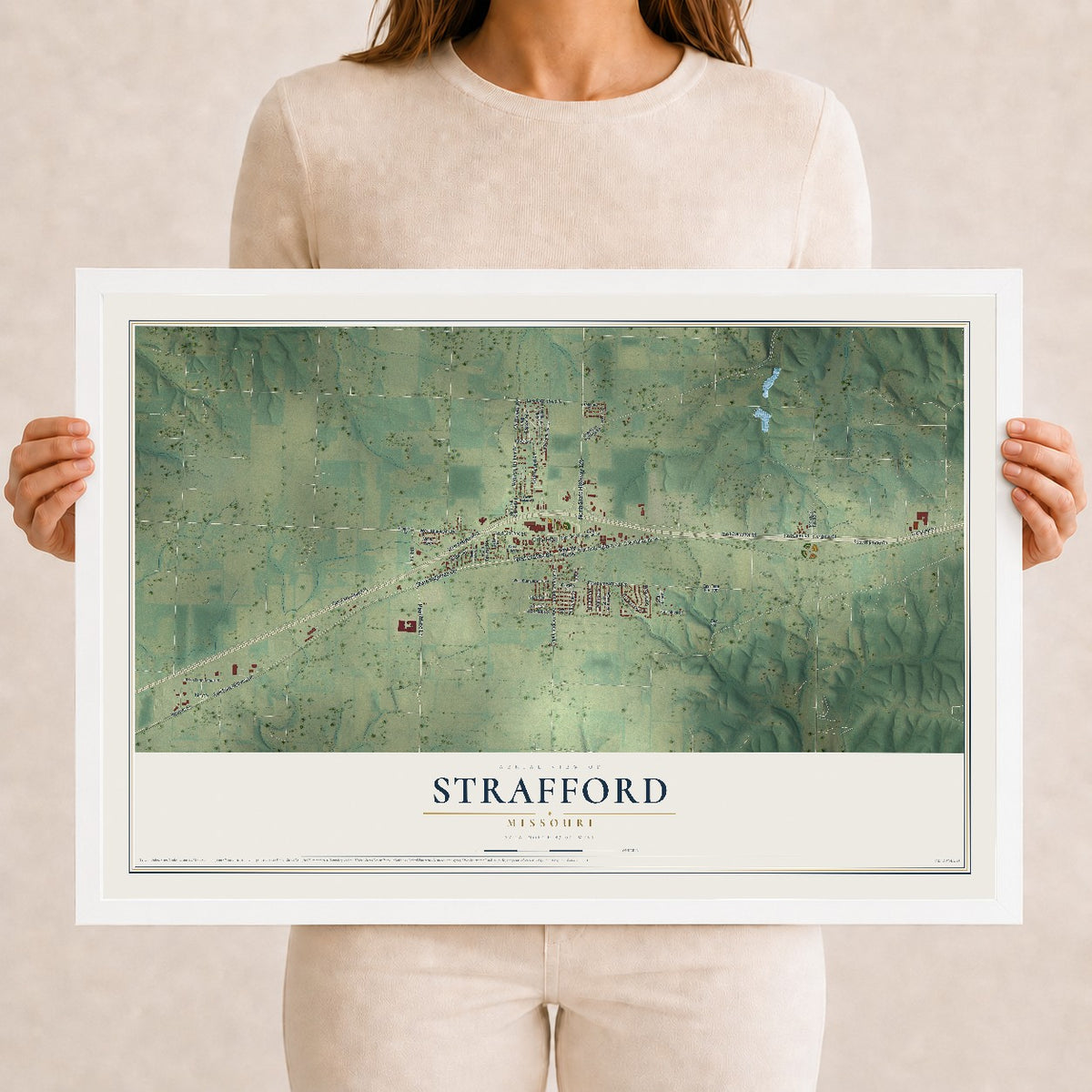 Map of Strafford, Missouri, 12 x 18 inch print in a white wood frame