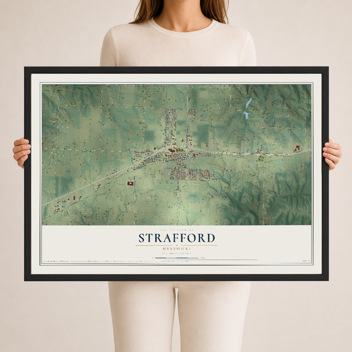 Map of Strafford, Missouri, 24 x 36 inch print in a black wood frame