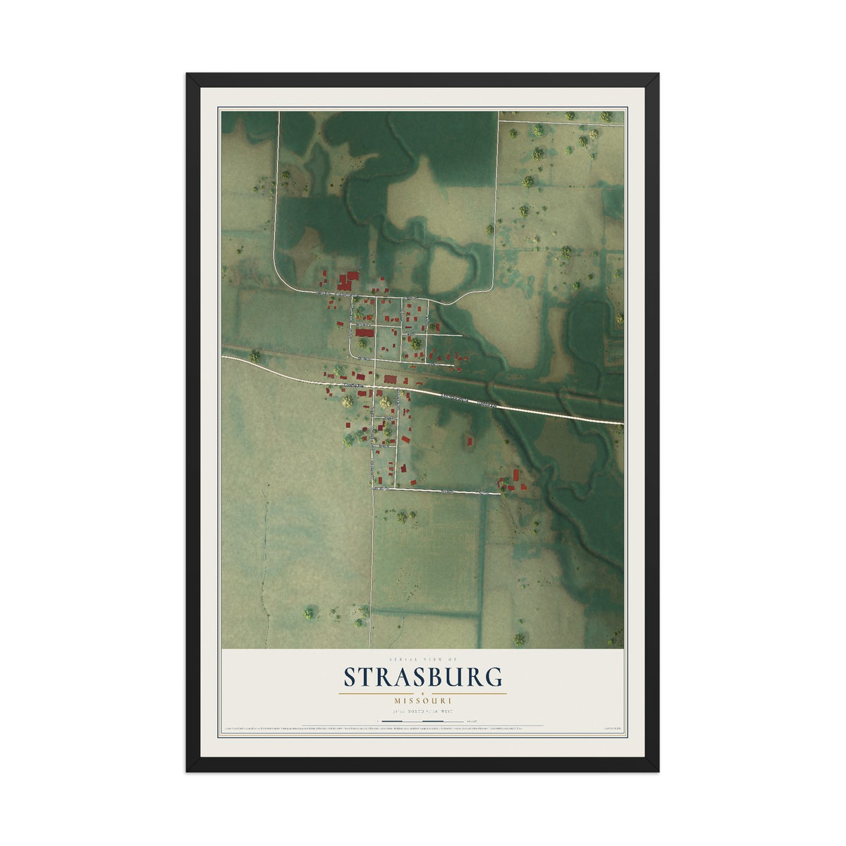 Map of Strasburg, Missouri, 12 x 18 inch print in a black wood frame
