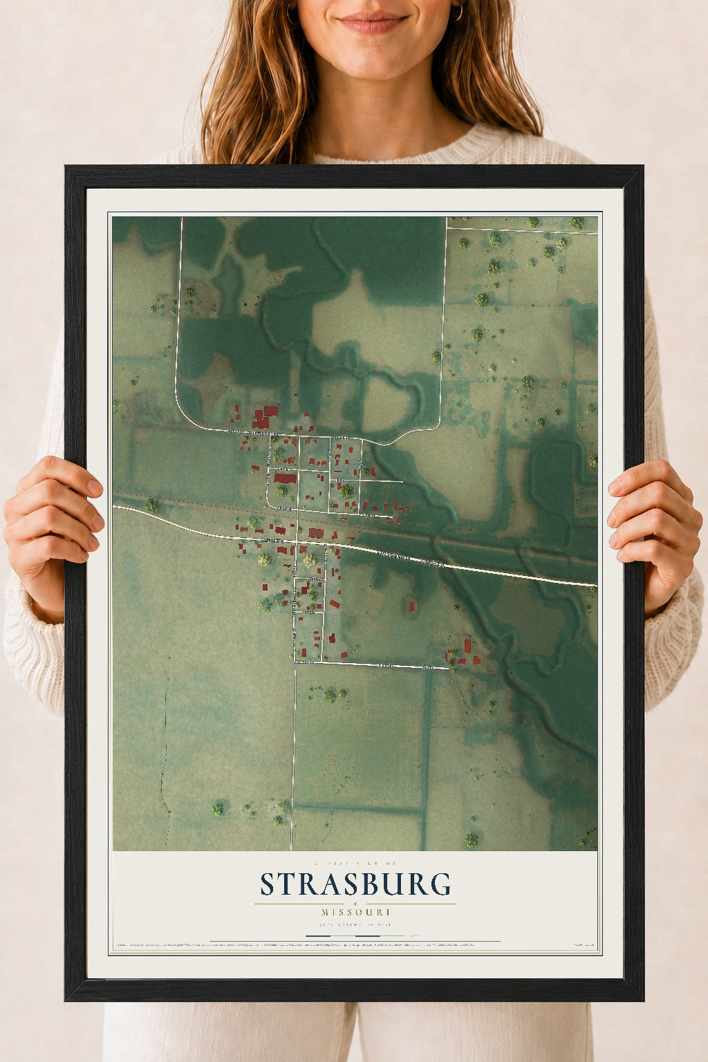 Map of Strasburg, Missouri, 18 x 24 inch print in a black wood frame