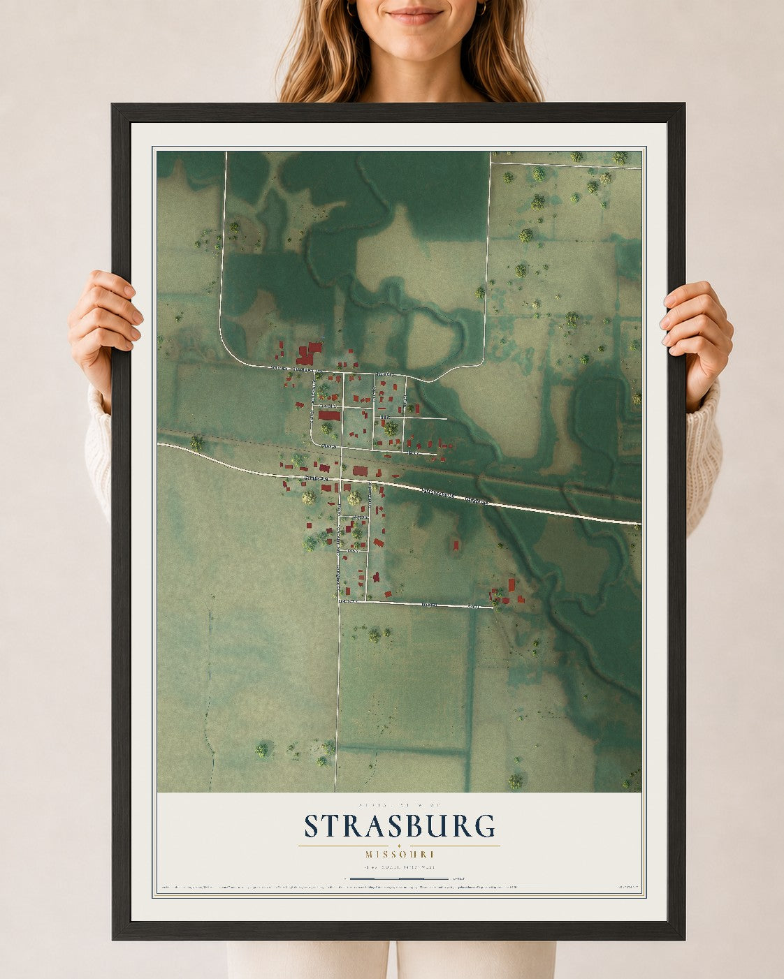 Map of Strasburg, Missouri, 24 x 36 inch print in a black wood frame