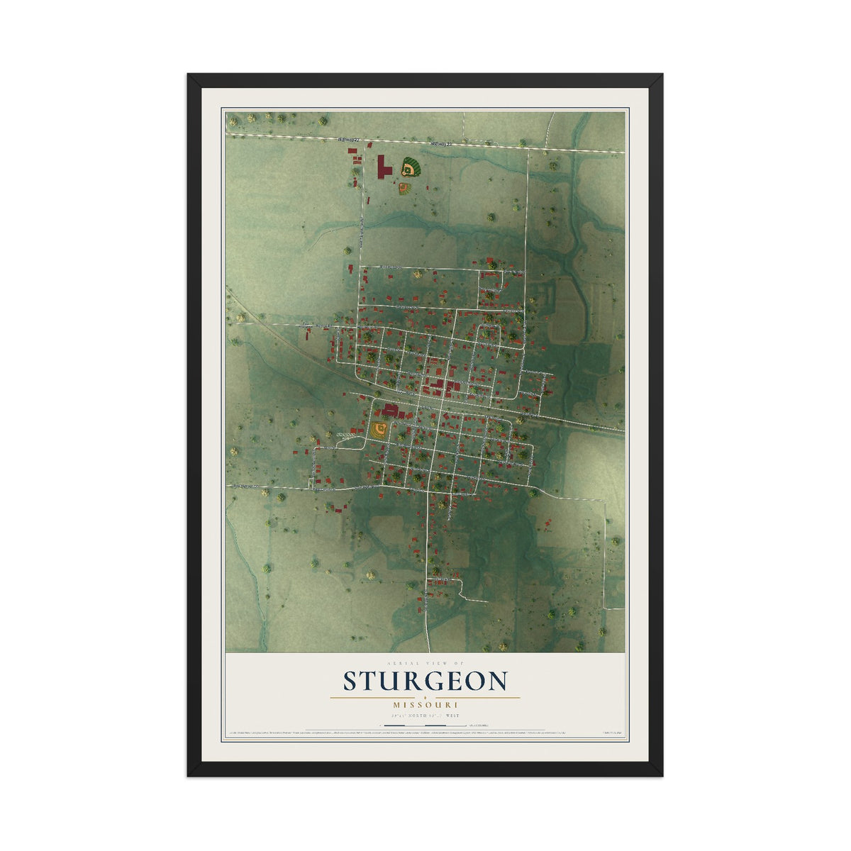 Map of Sturgeon, Missouri, 12 x 18 inch print in a black wood frame