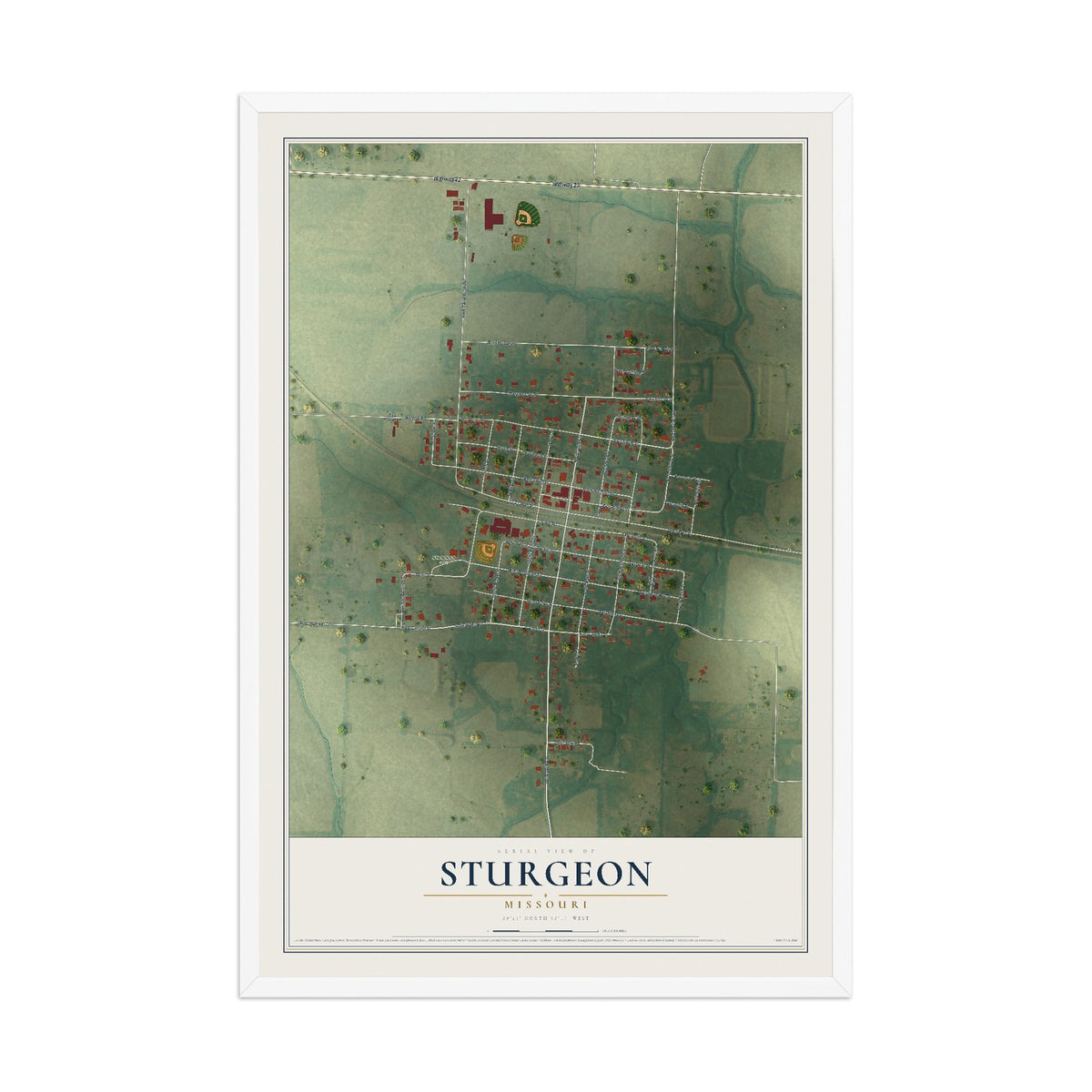 Map of Sturgeon, Missouri, 12 x 18 inch print in a white wood frame
