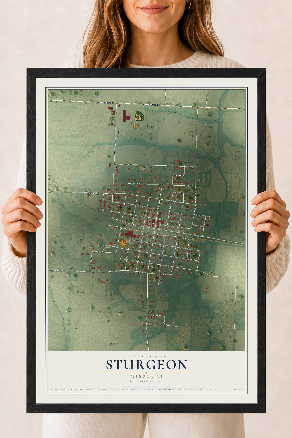 Map of Sturgeon, Missouri, 18 x 24 inch print in a black wood frame