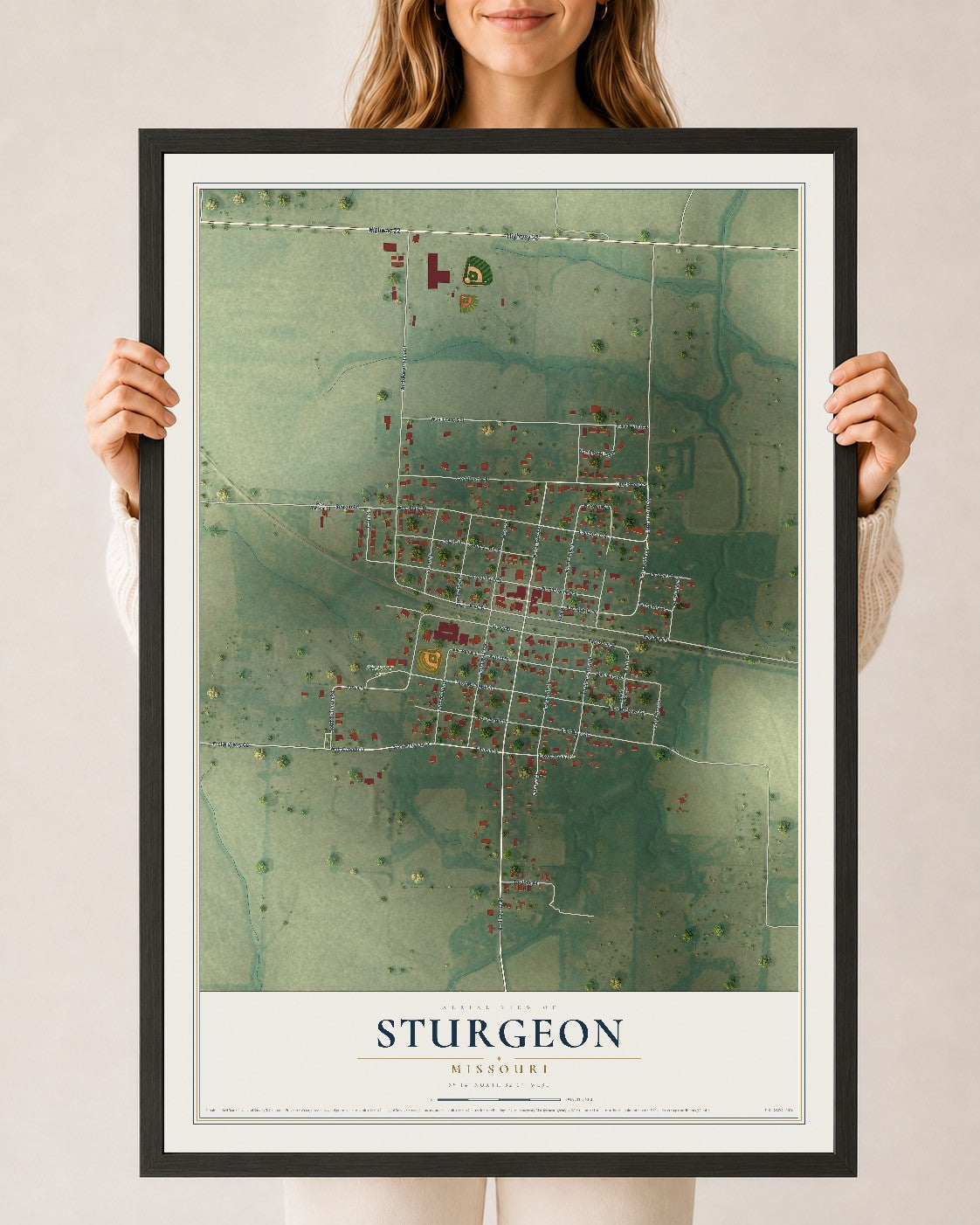 Map of Sturgeon, Missouri, 24 x 36 inch print in a black wood frame