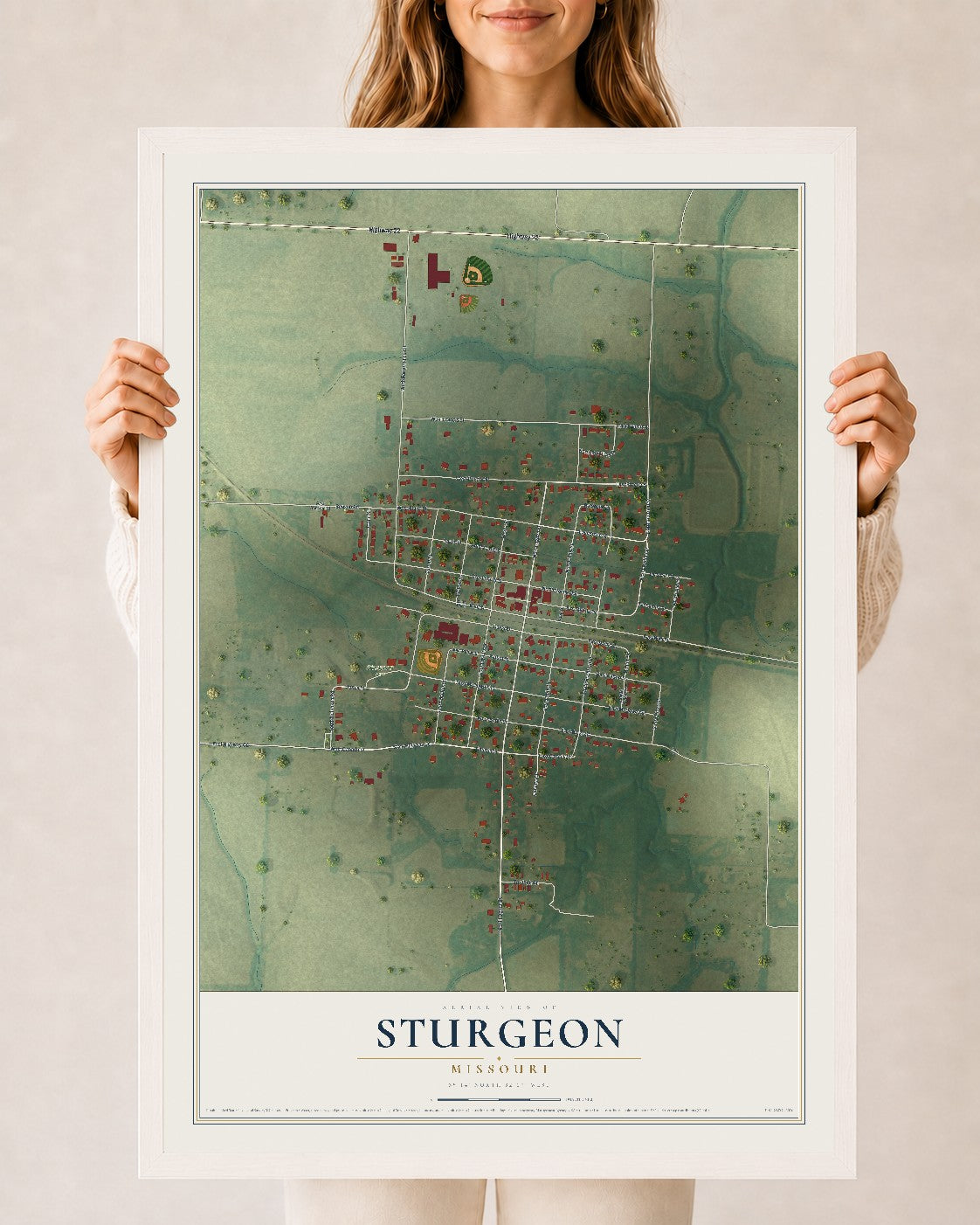 Map of Sturgeon, Missouri, 24 x 36 inch print in a white wood frame