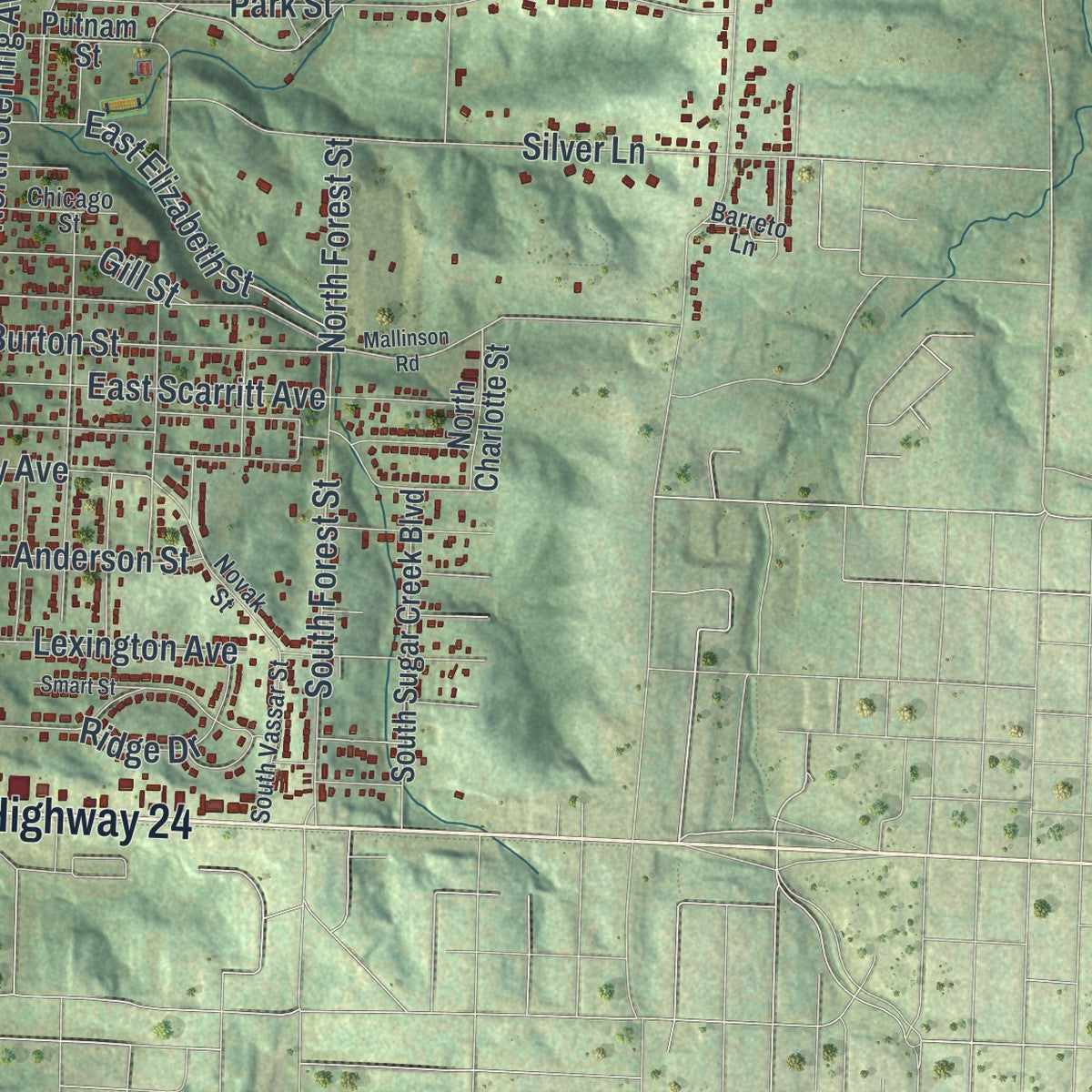 Close-up of the map of Sugar Creek, Missouri print showing street and building detail