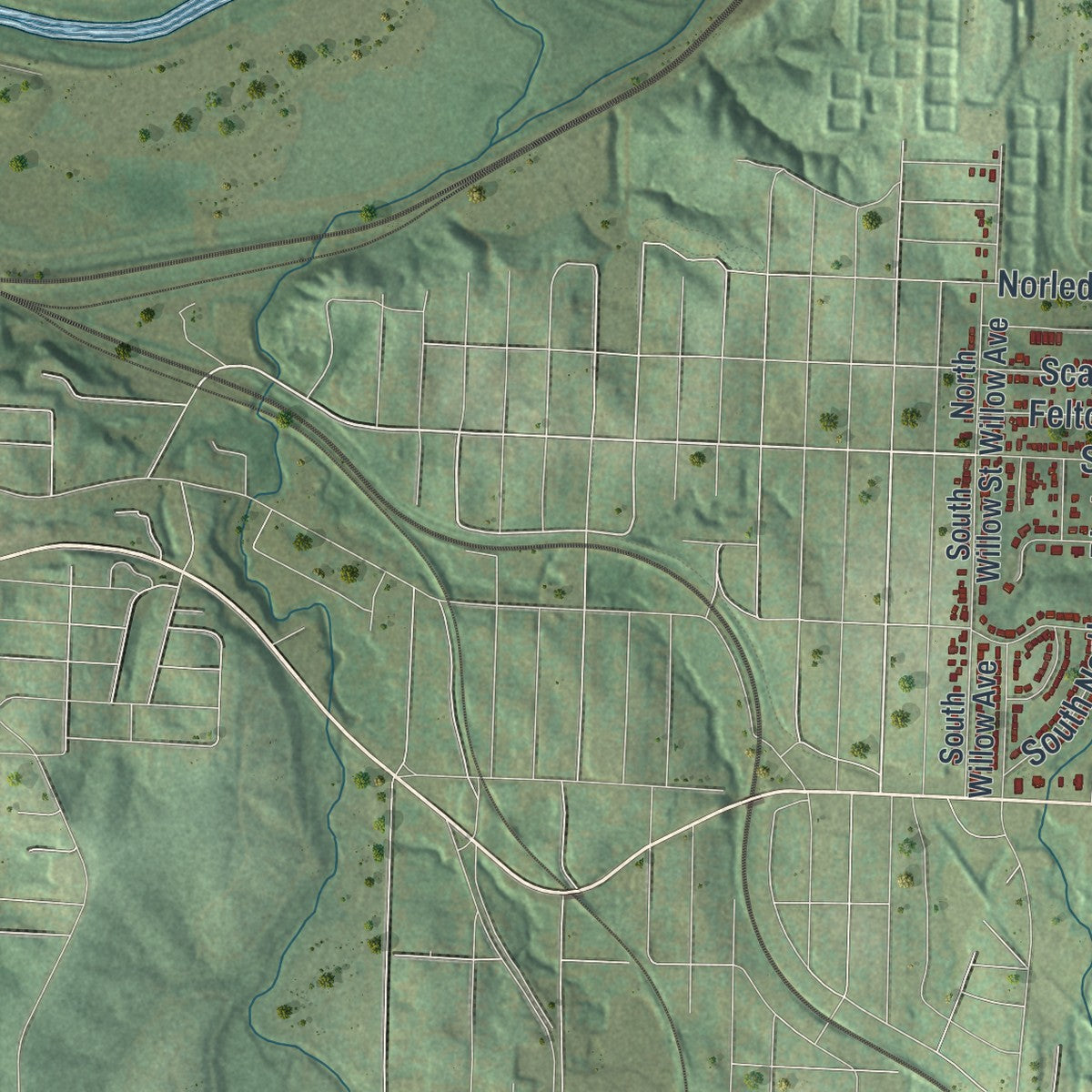 Second close-up of the map of Sugar Creek, Missouri print showing more streets and buildings