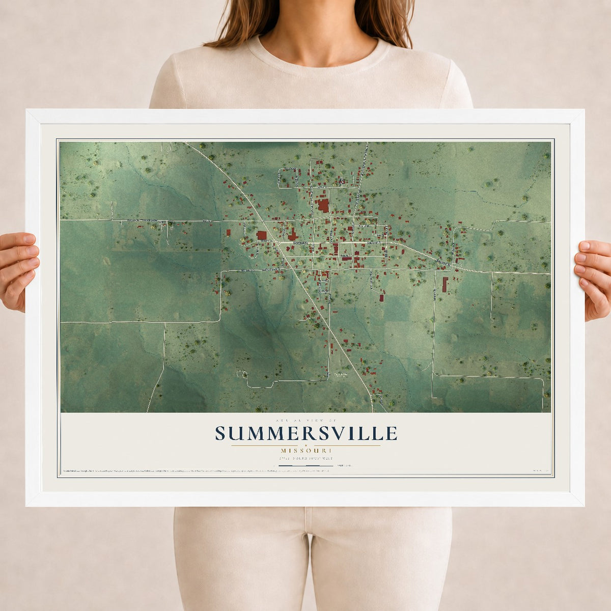 Map of Summersville, Missouri, 18 x 24 inch print in a white wood frame