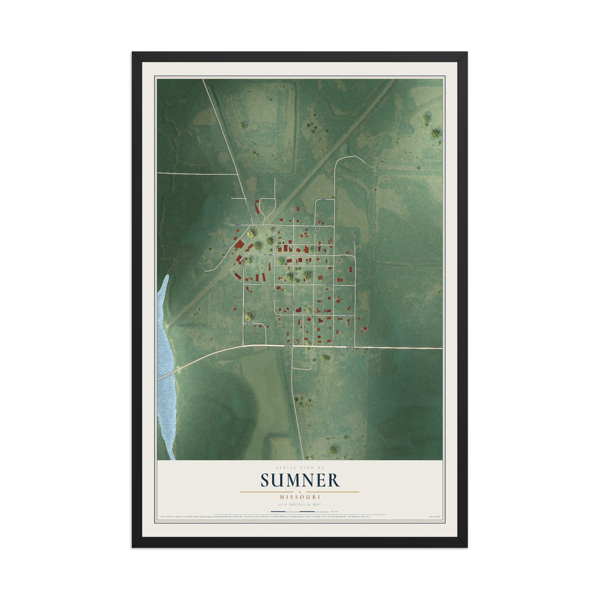 Map of Sumner, Missouri, 12 x 18 inch print in a black wood frame
