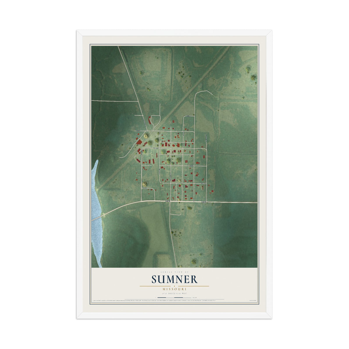 Map of Sumner, Missouri, 12 x 18 inch print in a white wood frame