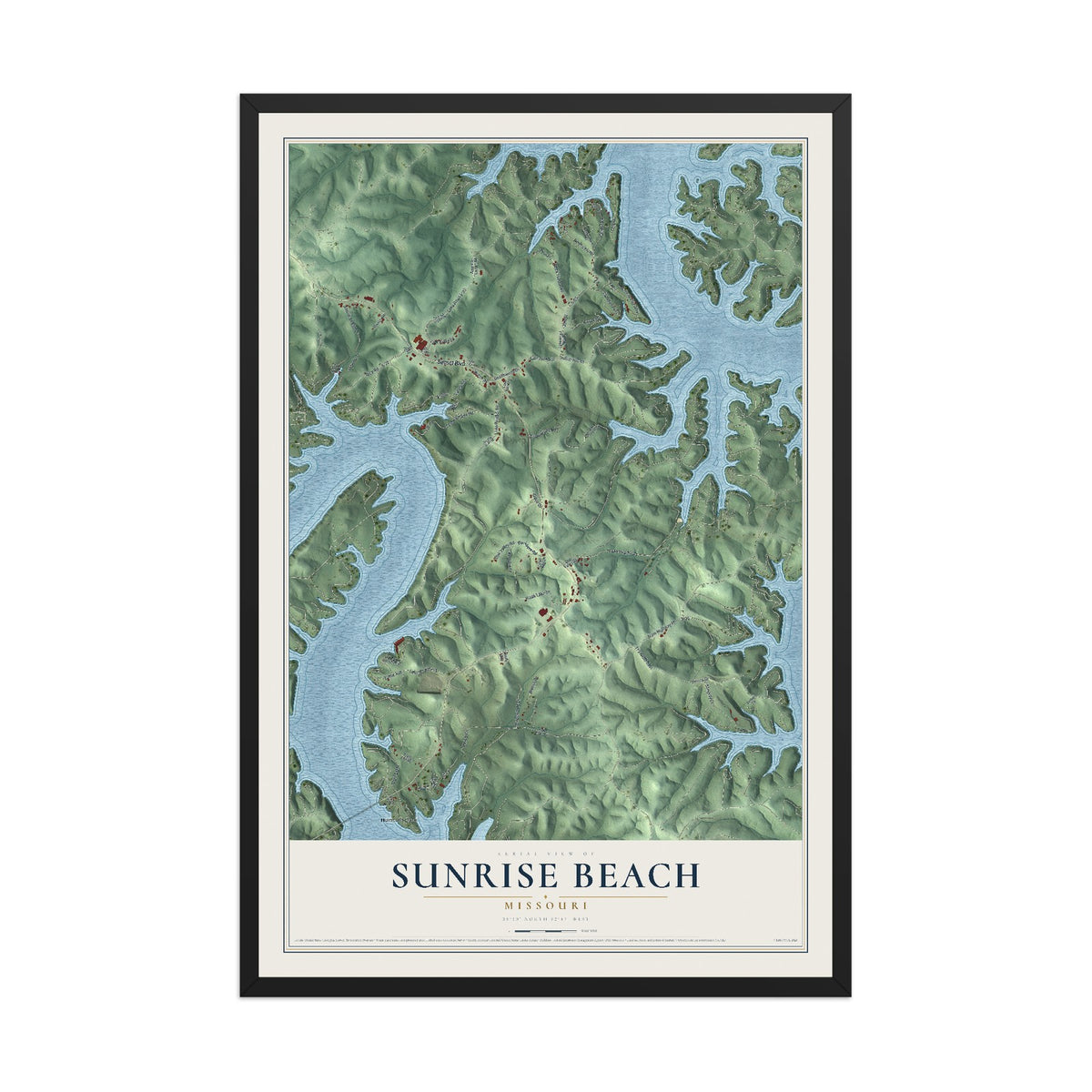 Map of Sunrise Beach, Missouri, 12 x 18 inch print in a black wood frame