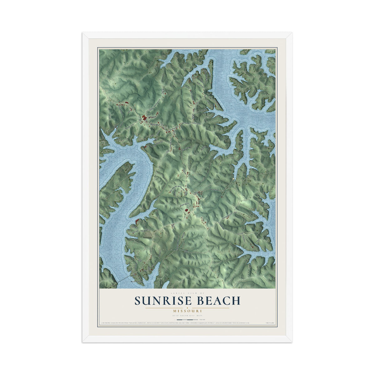 Map of Sunrise Beach, Missouri, 12 x 18 inch print in a white wood frame