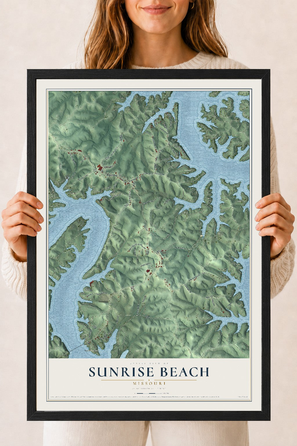 Map of Sunrise Beach, Missouri, 18 x 24 inch print in a black wood frame